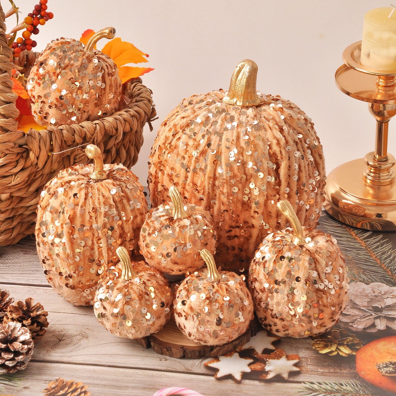 Spooksy™ Gaecuw 7 Pack Glitter Pumpkin Decor Sequin Velvet Fall Ornaments for Thanksgiving Table, Halloween Display, Mixed Sizes, Beige
