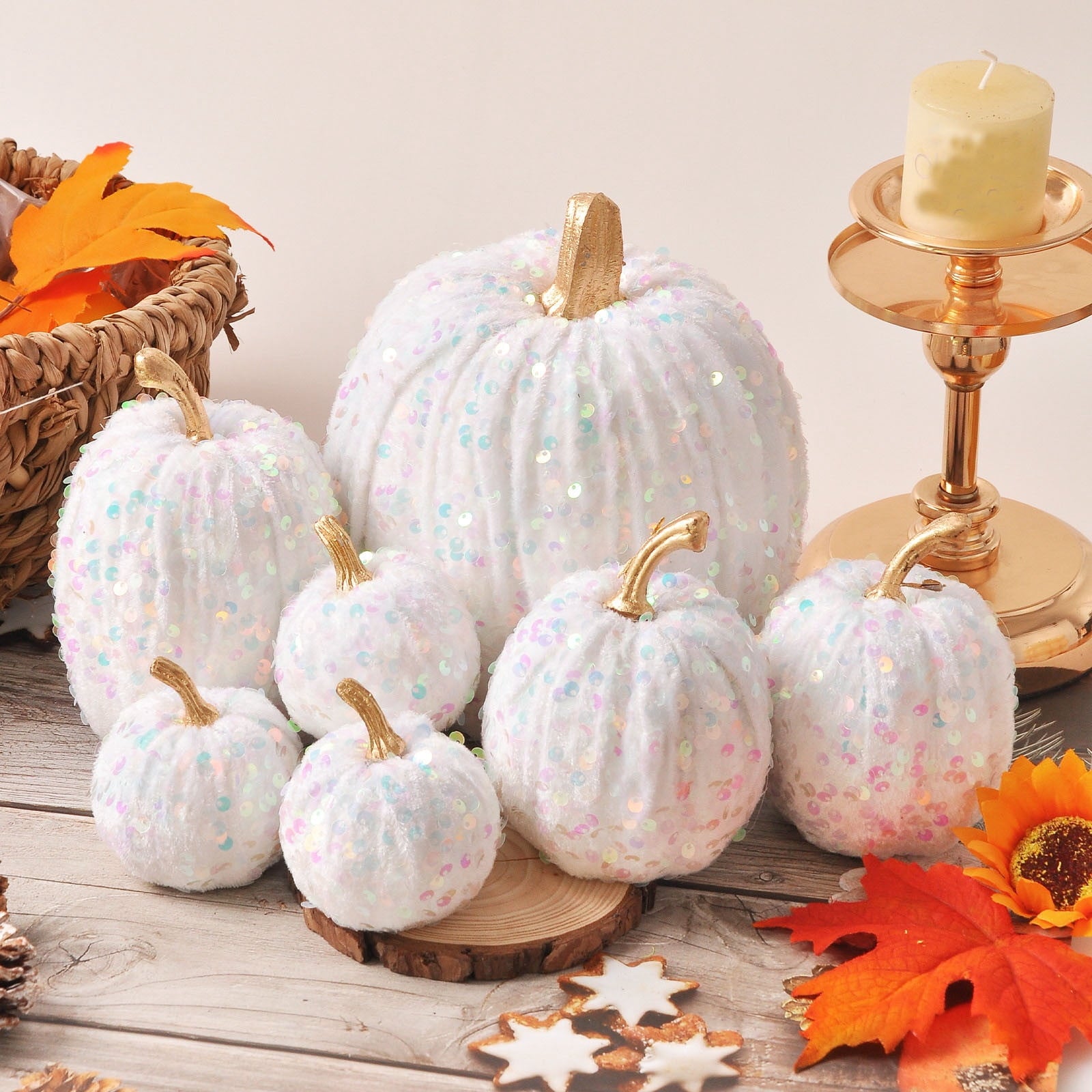 Spooksy™ Gaecuw 7 Pack Glitter Pumpkin Decor Sequin Velvet Fall Ornaments for Thanksgiving Table, Halloween Display, Mixed Sizes, Beige