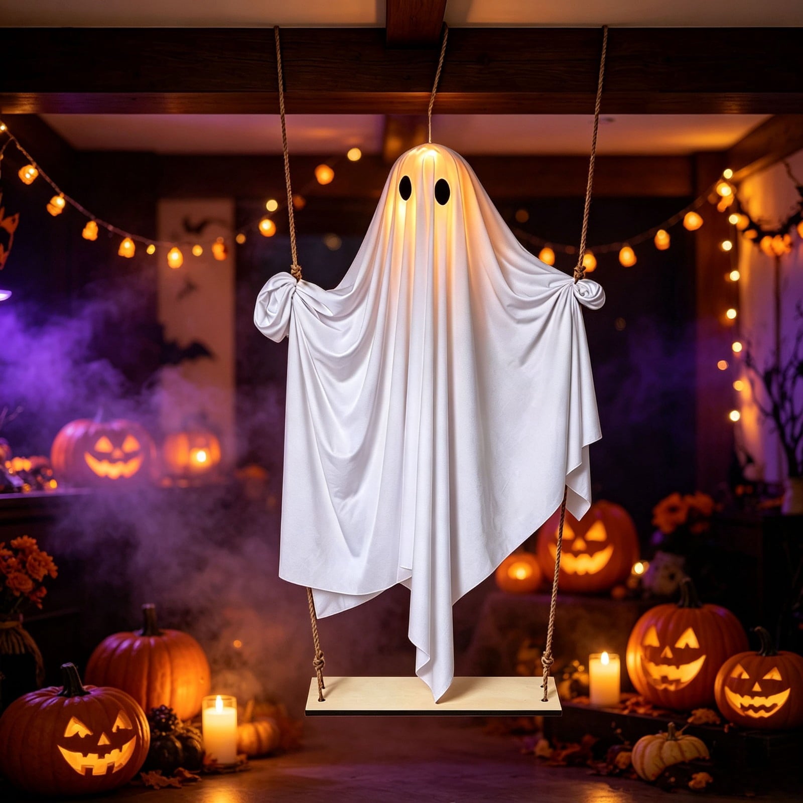 Spooksy™ Gaecuw White Halloween Hanging Ghost Decor with Lights, LED Glowing Fabric Ornament for Porch Tree, Spooky Indoor Outdoor Holiday Decoration, 74.80x15.75x5.51in