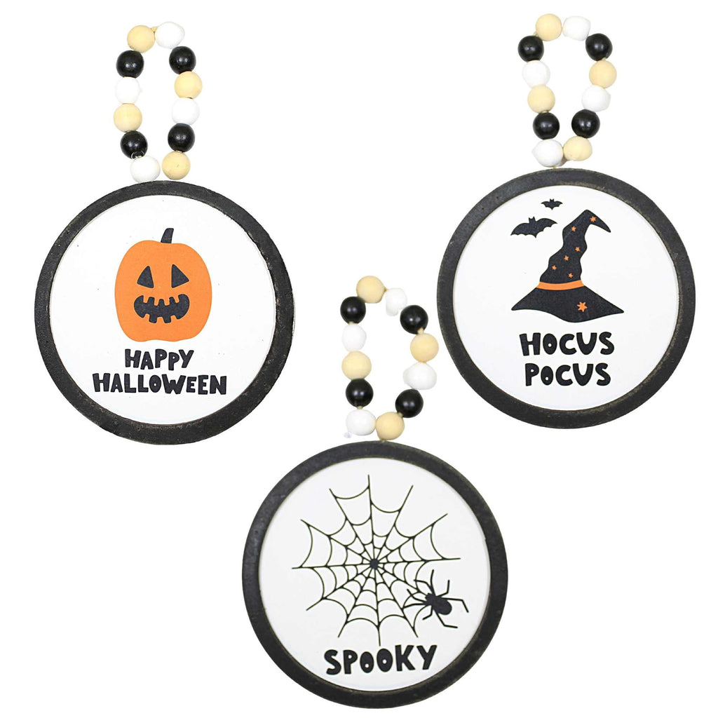 Spooksy™ Ganz Fun Halloween Disk Ornaments - Three Hanging Disk 7.75 Inch, Wood Pulp - Pumpkin Spider Hocus Pocus