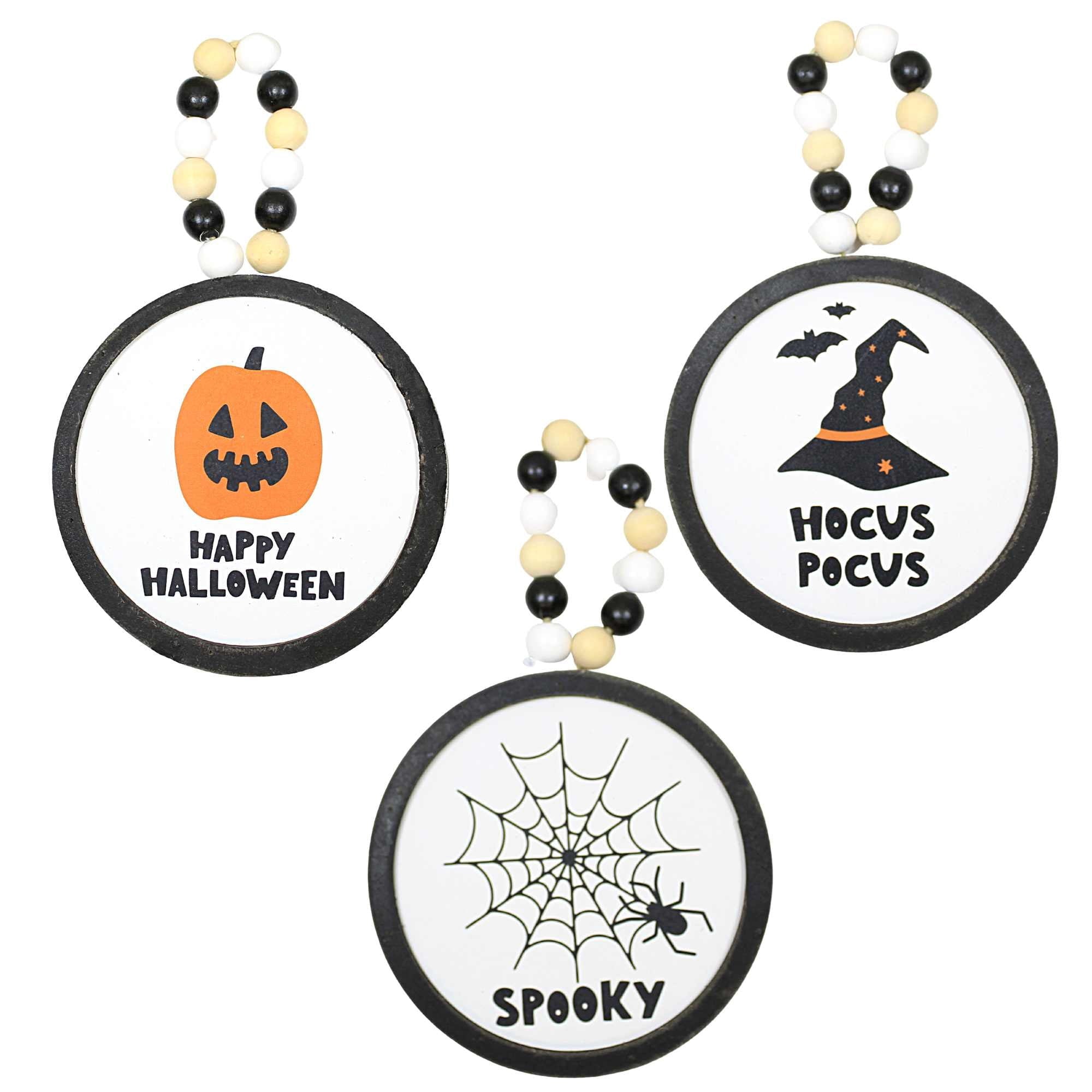 Spooksy™ Ganz Fun Halloween Disk Ornaments - Three Hanging Disk 7.75 Inch, Wood Pulp - Pumpkin Spider Hocus Pocus