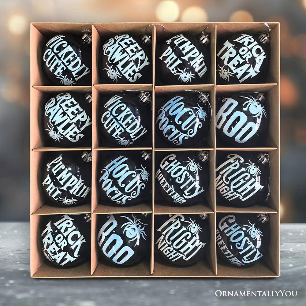 Spooksy™ Ghastly Quotes Ornament Bauble Set of 16, Halloween Tree 3" Black and White Round Ball Decor