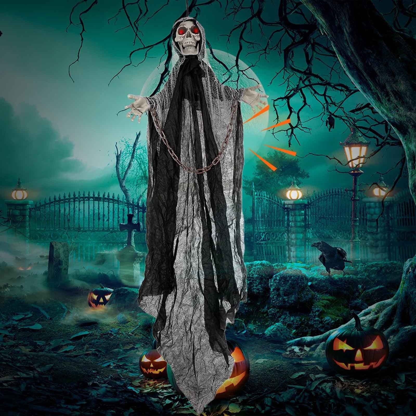 Spooksy™ Ghost Ornaments with Chain, Realistic Terrifying Halloween Hanging Statue, Durable Outdoor Plastic Courtyard Garden Decor, Spooky Porch Terrace Party Scene Prop