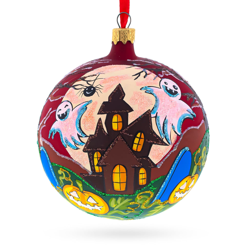 Spooksy™ Ghosts and Haunted House Glass Ball Halloween Ornament 4 Inches