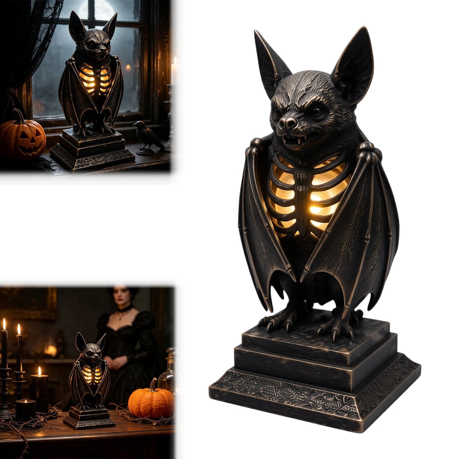Spooksy™ Gothic Bat Skeleton Ambient Lamp, Resin LED Skull Night Light Vintage Decor, Bedside Accent Gift Haunted House Ornament, Halloween Figurine for Home Display,10.2 Inch