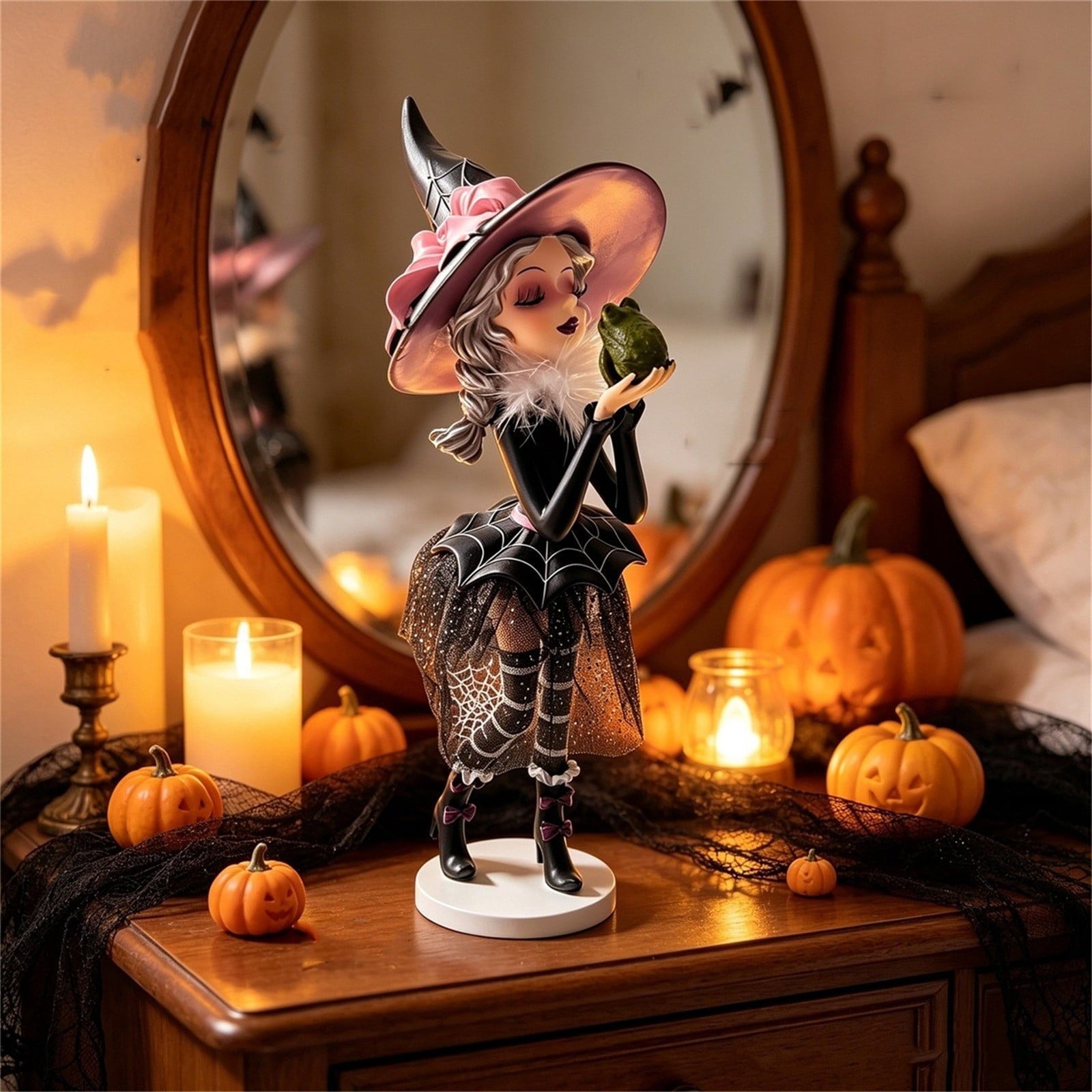 Spooksy™ Halloween Cute Witch Resin Figurine, Stable Base Vintage Mesh Skirt Tabletop Statue, Family Friendly Whimsical Holiday Ornament, Decor for Mantel Shelf Entryway Halloween Party Table