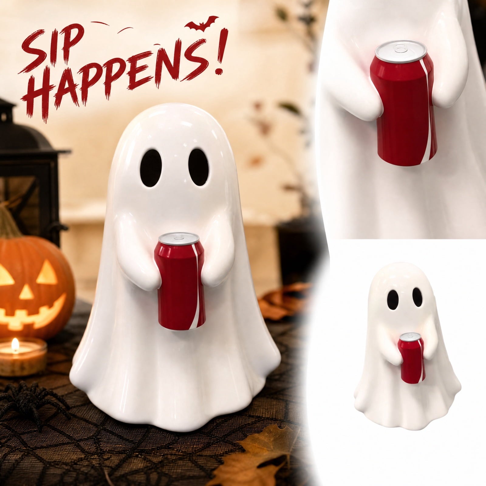Spooksy™ Halloween Decor Cute Ghost Holding Soda Can Resin Figurine, Halloween Table Decor Spooky Ghost Desktop Ornament, Halloween Ornaments Funny Halloween Decorations for Indoor Home Party Shelf Display-A