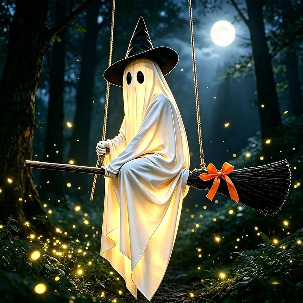 Spooksy™ Hanging Swing Ghost Halloween Ornament, 5FT Cute Spooky Ghost Decor, Outdoor Holiday Decoration for Yard Porch Tree, Ideal Halloween Gift for Family (lamp*1 remote control*1)