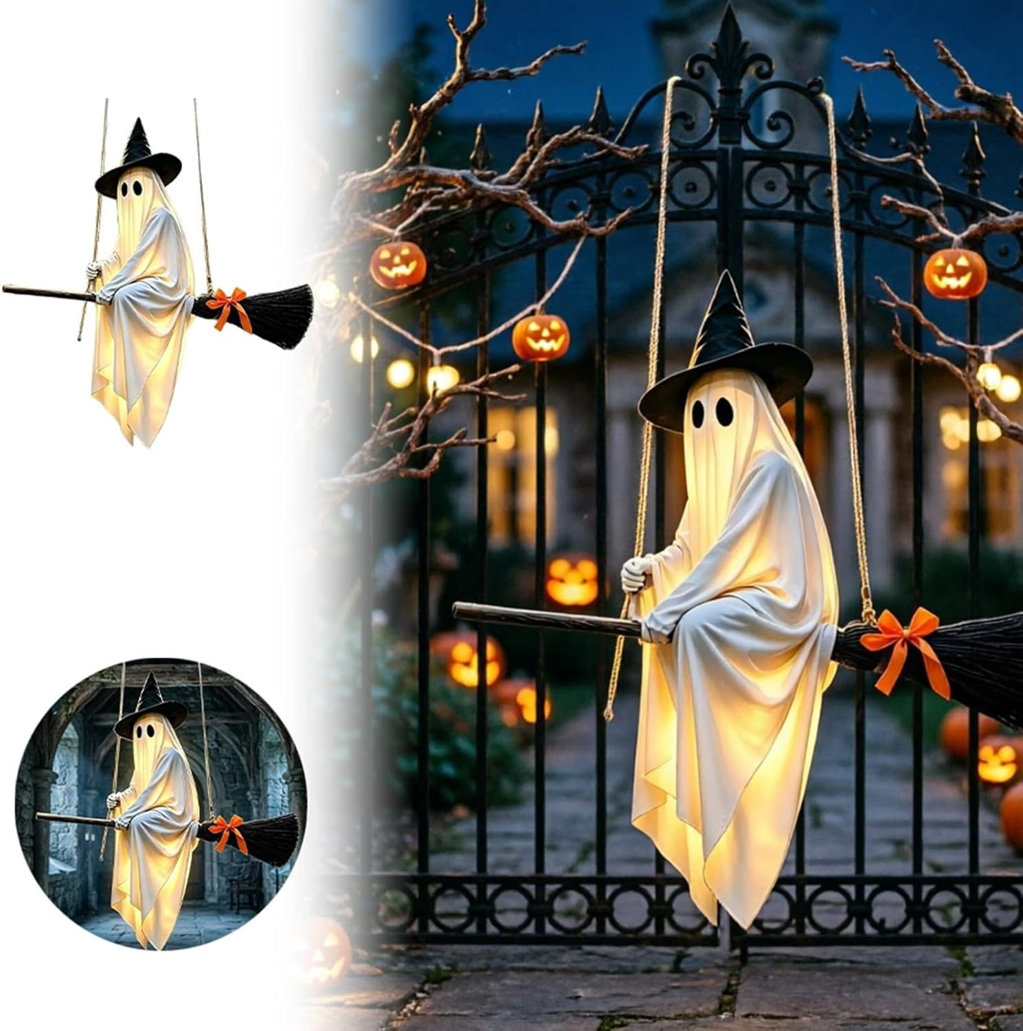 Spooksy™ Hanging Swing Ghost Halloween Ornament, 5FT Cute Spooky Ghost Decor, Outdoor Holiday Decoration for Yard Porch Tree, Ideal Halloween Gift for Family (lamp*1 remote control*1)