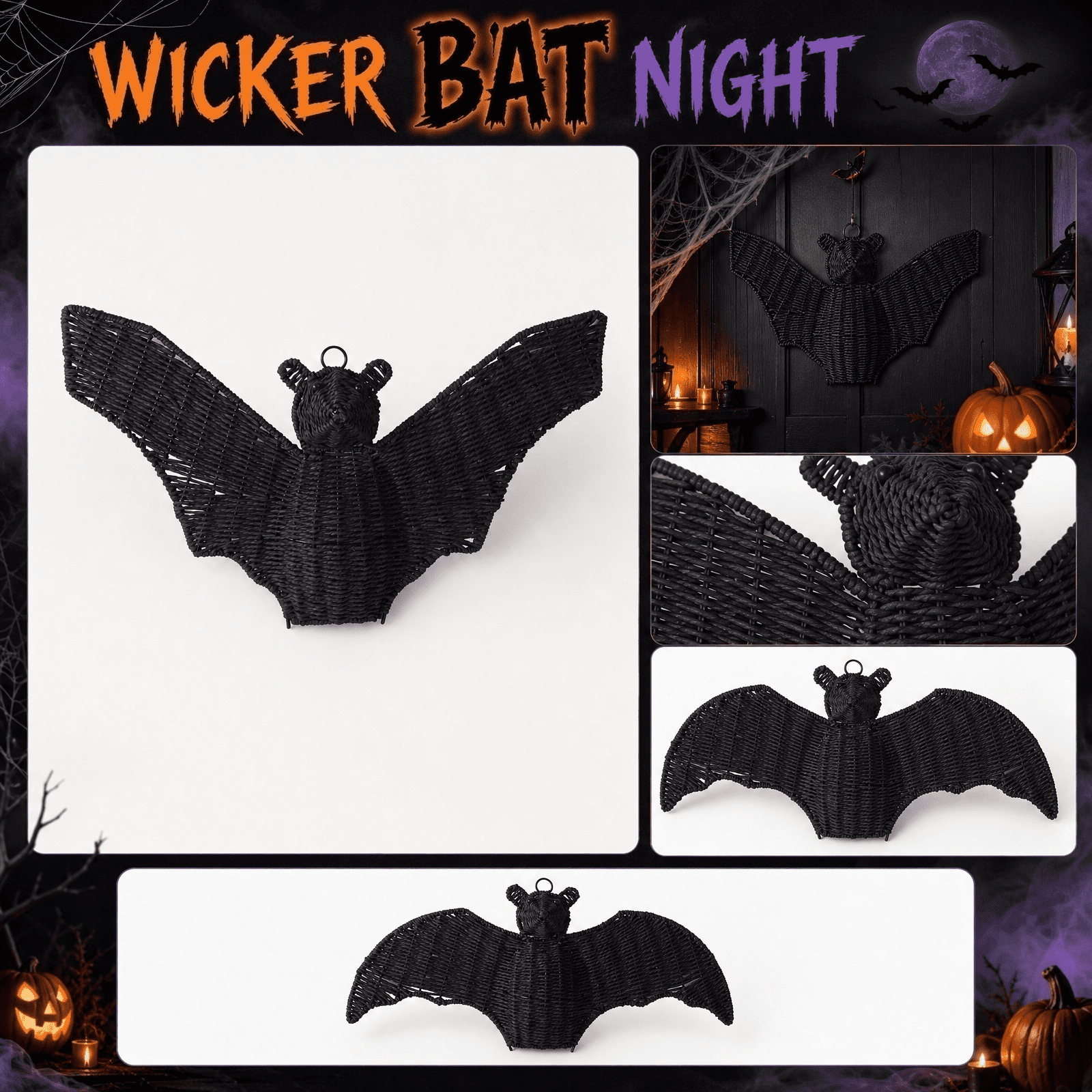 Spooksy™ Halloween Gift Wicker Bat Hanging Ornament, Spooky Woven Black Bat Wall Decor for Home Mantel Door Party Decoration