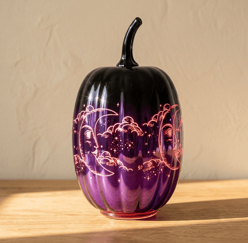 Spooksy™ 2pcs Fall Halloween Pumpkin-Purple Glass Pumpkin Ornament with Enchanted Moon & Star Pattern and Built - in Fairy Lights for Decor