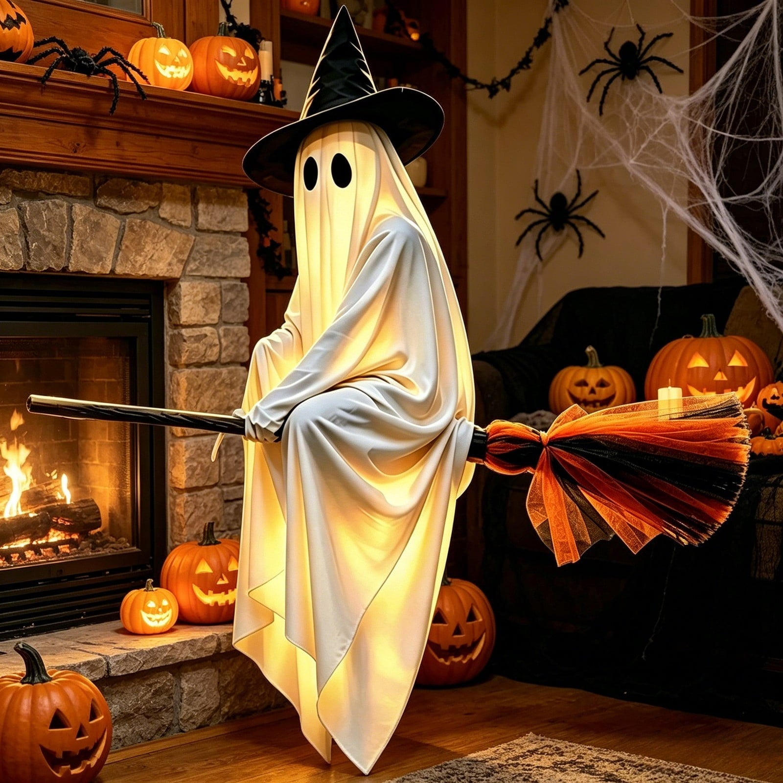 Spooksy™ Halloween Glowing Ornament with Lighted Witch Hat - Flying Hanging Decor for Home Porch Yard, Holiday Scene Prop for Halloween Celebration