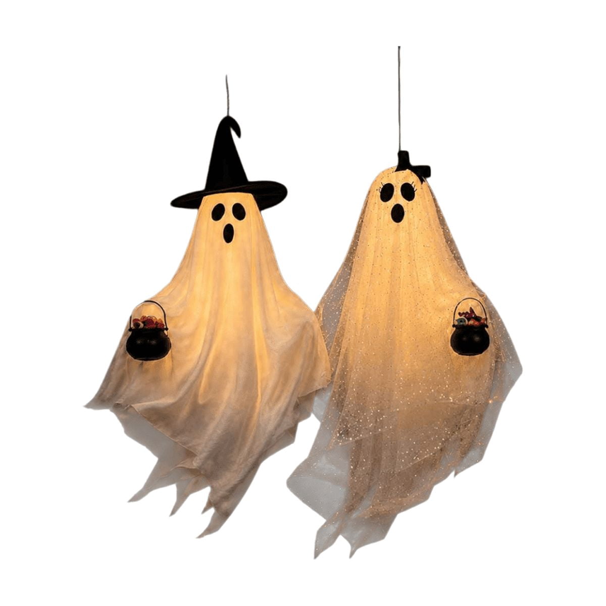 Spooksy™ Halloween Hanging Ghost Witch Hat Decorations 2 Pack Couple Ornaments, Outdoor Yard Garden Hanging Decor With Bow And Cauldron Accents, Front Porch Holiday Party Decoration