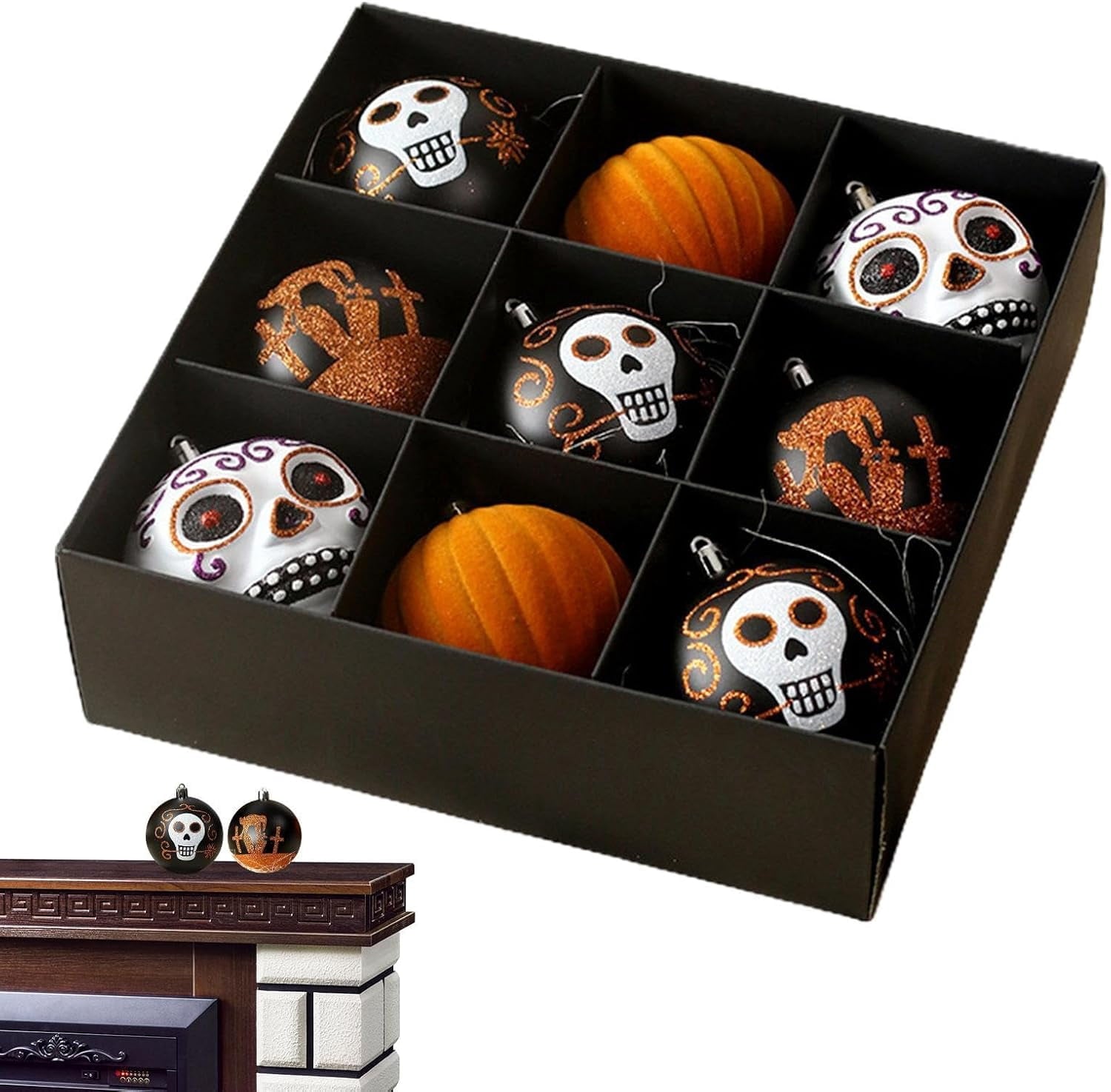Spooksy™ Halloween Ornaments for Tree - 9 Pieces Spooky Gothic Hanging Pendant Balls, Shatterproof ABS Indoor Halloween Decorations for Hoe & Office Decorm
