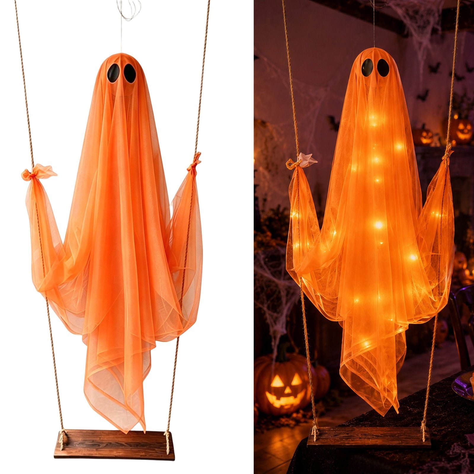 Spooksy™ Halloween Outdoor Hanging Ghost Halloween Hanging Ghost Decorations Battery Operated Swinging Ghost Prop Sheer Gauze Glowing Specter Swing Ornament for Yard Window Indoor Outdoor Display,Saffron