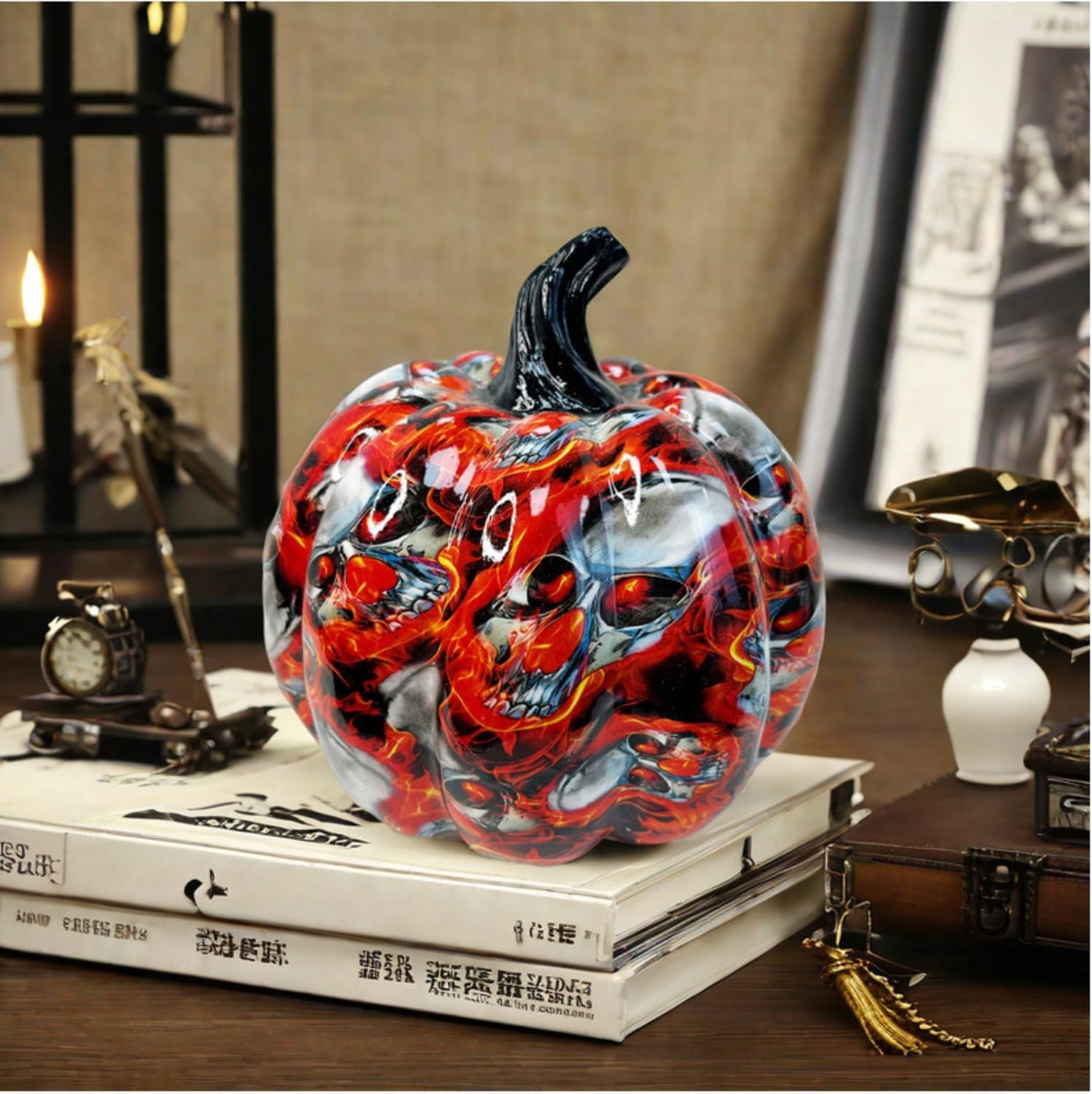 Spooksy™ Halloween Pumpkin Desktop Ornaments Decorations Resin Colored Ghost Pumpkin Horror Atmosphere Desktop Ornaments Halloween Pumpkin Candy Decorations Trick or Treat (White L)
