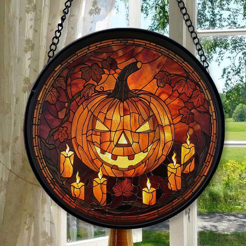 Spooksy™ Halloween Pumpkin Stained Glass Window Hanging Sun Catcher Halloween Haning Ornament Decoration Christmas Birthday Gifts for Lover and Friends, Stained Glass Ornament 2025,
