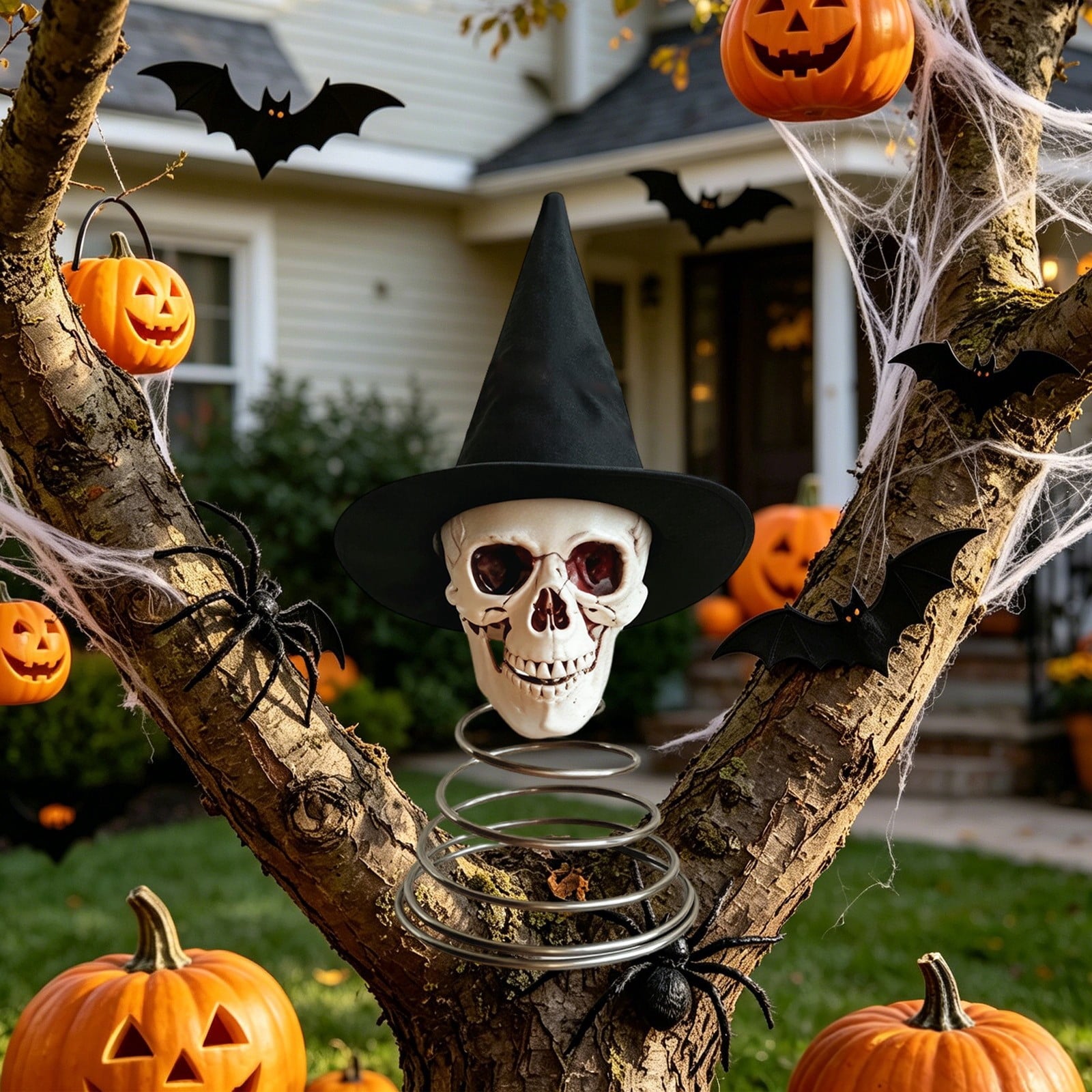 Spooksy™ 2 PCS Halloween Skull Ghost Miniature Tree Topper 9.84x 14.96 Inch, Spooky Skeleton Head with Witch Hat Ornament, Mini Christmas Tree Decor for Home Halloween Party DIY, Garden Lawn Party Decoration