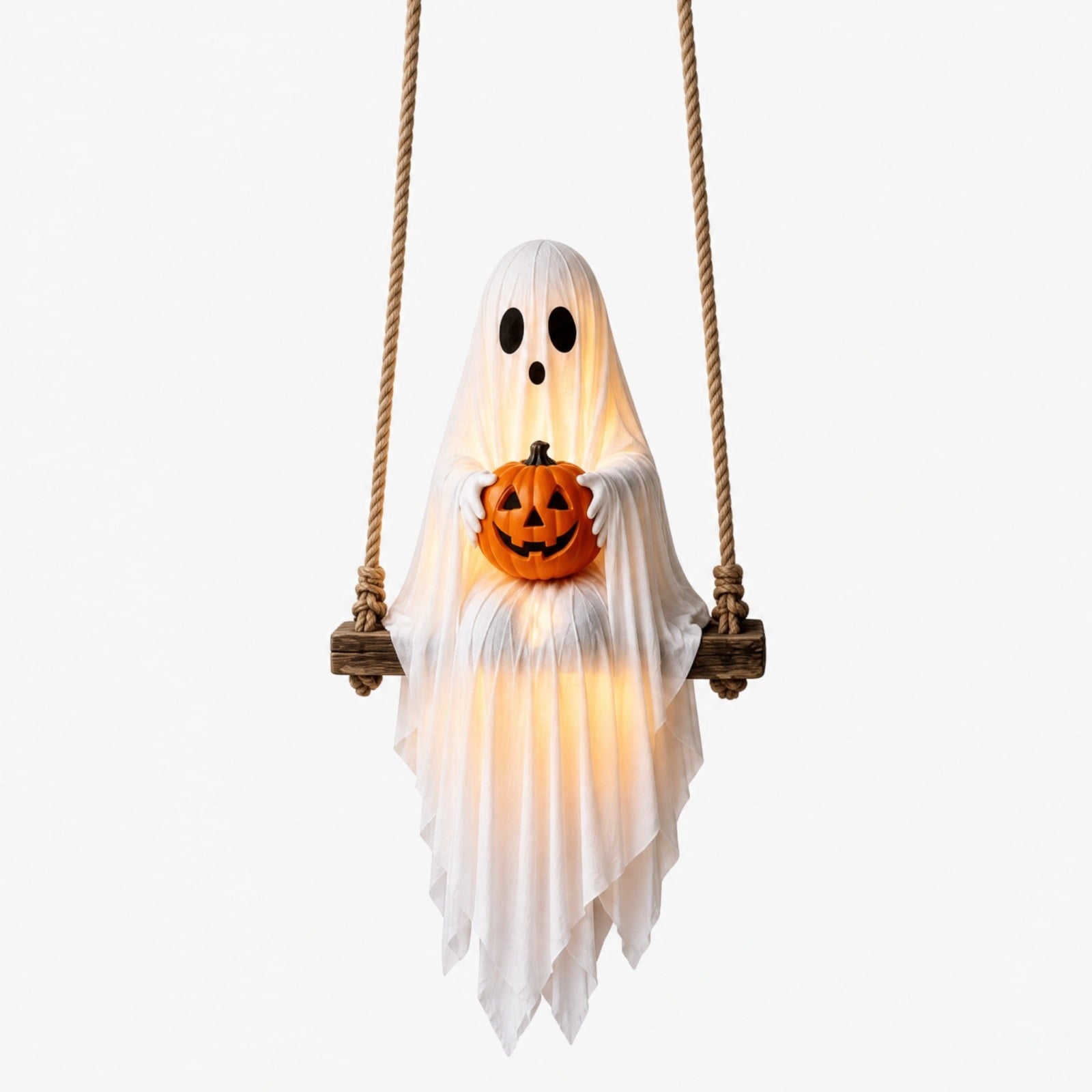 Spooksy™ Halloween Swing Ghost Pumpkin Hanging Decor Warm Led Strip Cute Gentle Halloween Ornament With Wood Base Rope For Garden Tree Porch Balcony Party