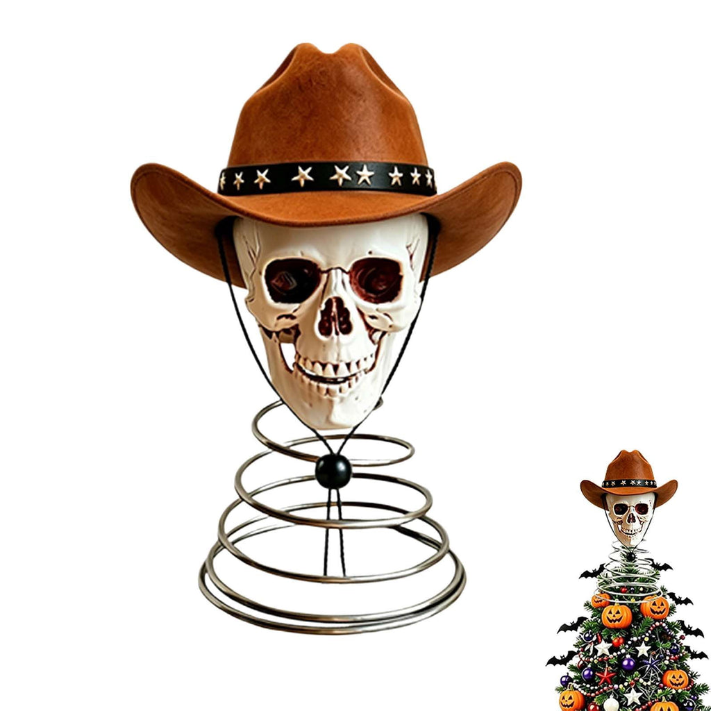 Spooksy™ Halloween Tree Topper, Skeleton Xmas Tree Topper, Halloween Skeleton Trees Decoration, Plastic Skull Ornament with Metal Spring Base, Spooky Holiday Home Party Decor