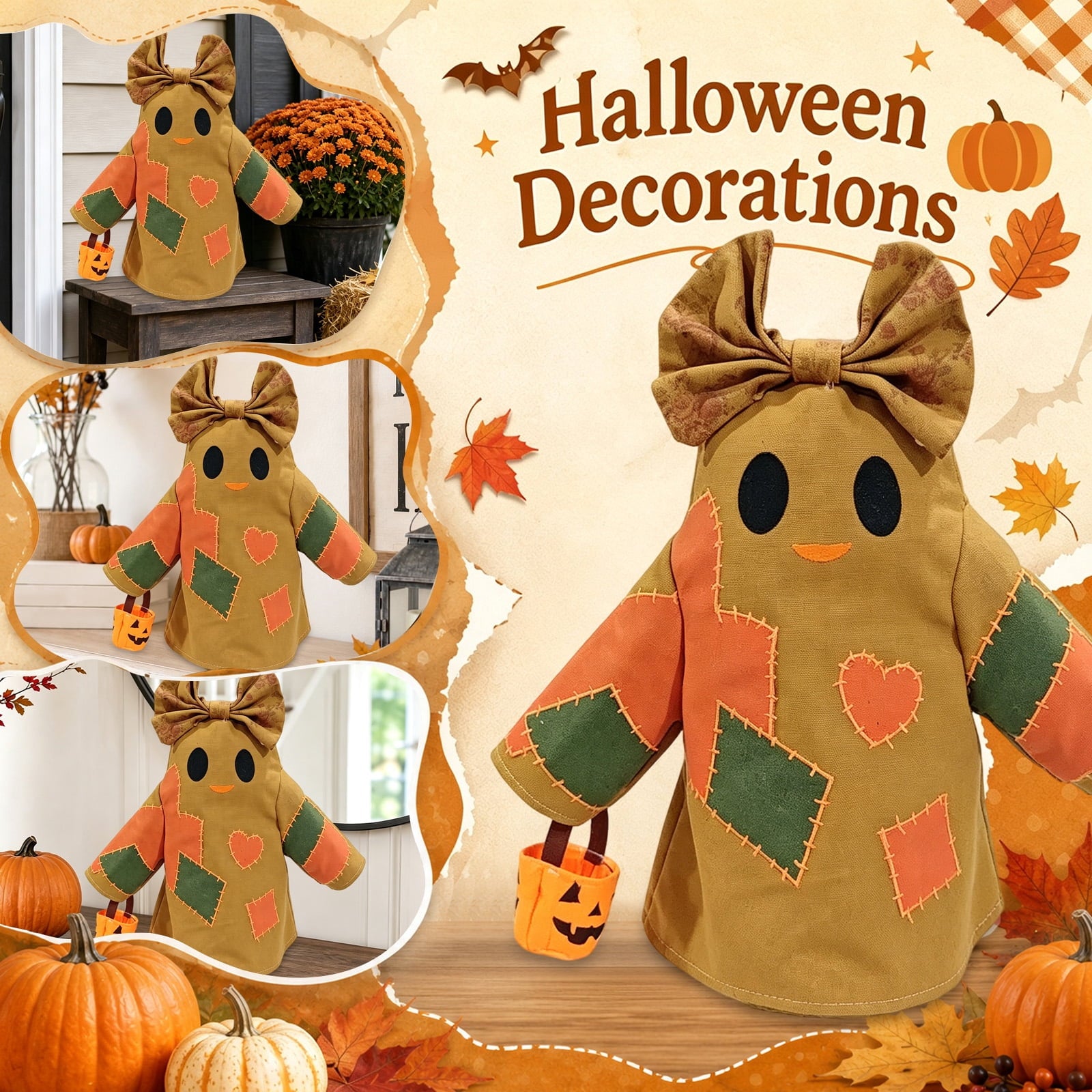 Spooksy™ Halloween Vintage Patchwork Ghost Doll, Linen Fabric Bow Ghost Ornament With Mini Pumpkin Bucket, Farmhouse Tabletop Hanging Holiday Decor