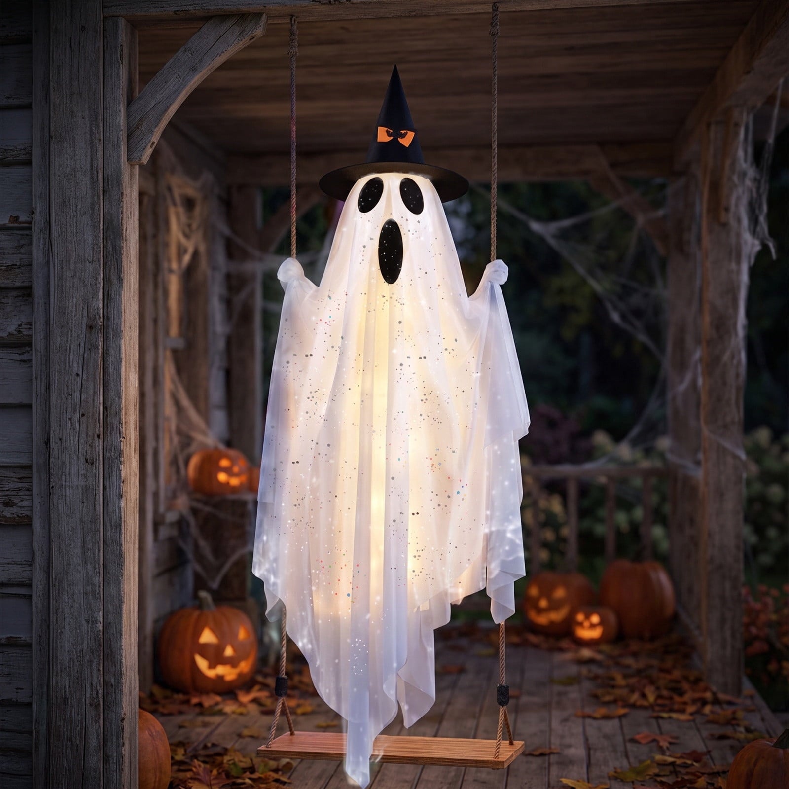 Spooksy™ Halloween Witch Hat Swinging Ghost Ornament, Flexible Anti Deform Structure Quick Mount Soft Cute Appearance, Fabric Ghost Pendant, Hanging Decor for Porch Indoor Holiday Party Space