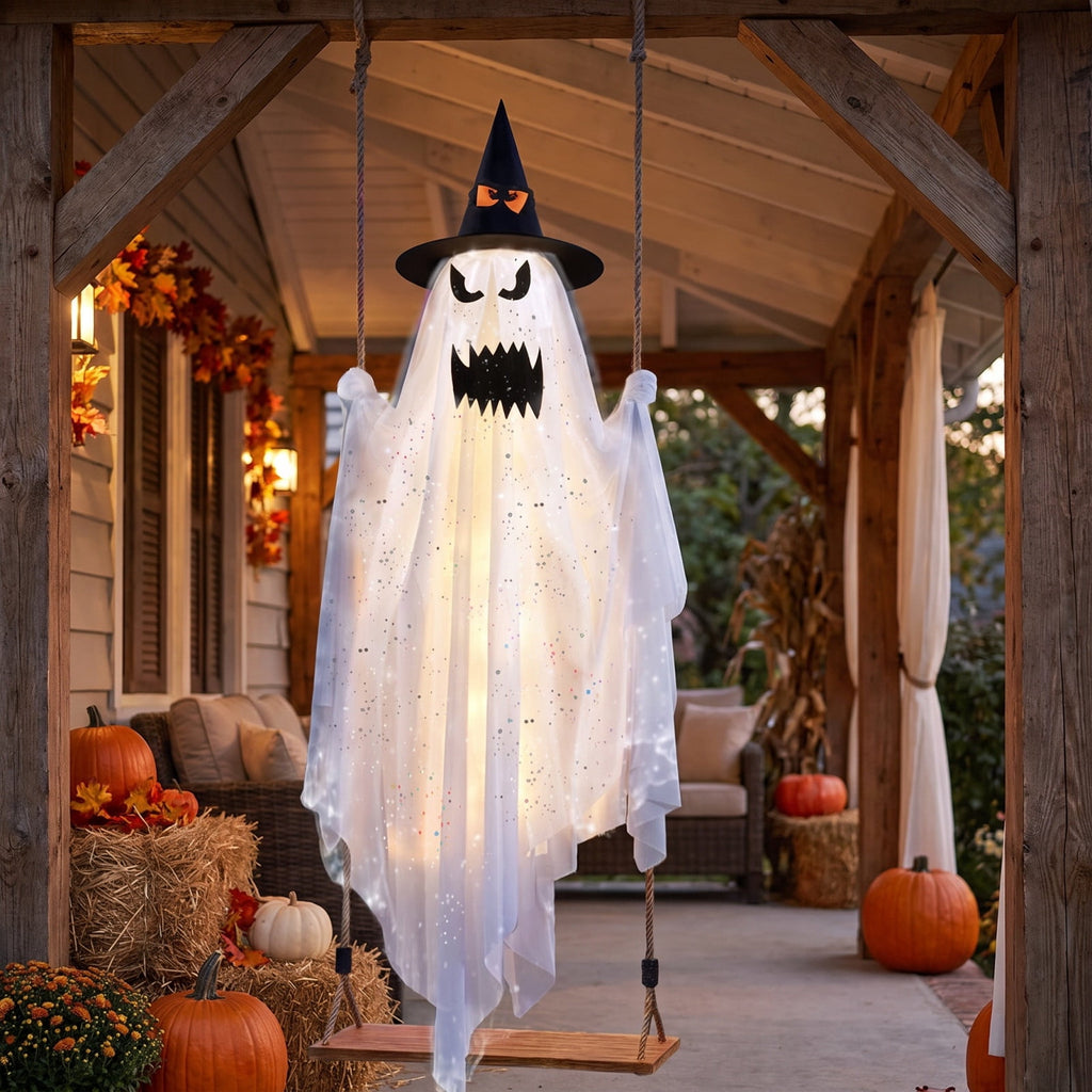 Spooksy™ Halloween Witch Hat Swinging Ghost Ornament, Flexible Anti Deform Structure Quick Mount Soft Cute Appearance, Fabric Ghost Pendant, Hanging Decor for Porch Indoor Holiday Party Space