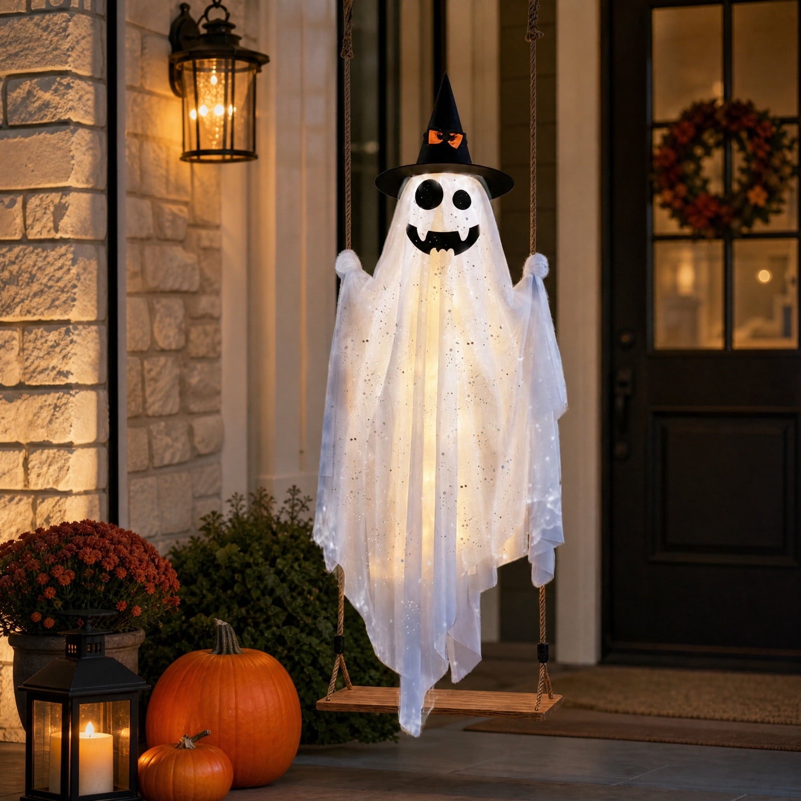 Spooksy™ Halloween Witch Hat Swinging Ghost Ornament, Flexible Anti Deform Structure Quick Mount Soft Cute Appearance, Fabric Ghost Pendant, Hanging Decor for Porch Indoor Holiday Party Space