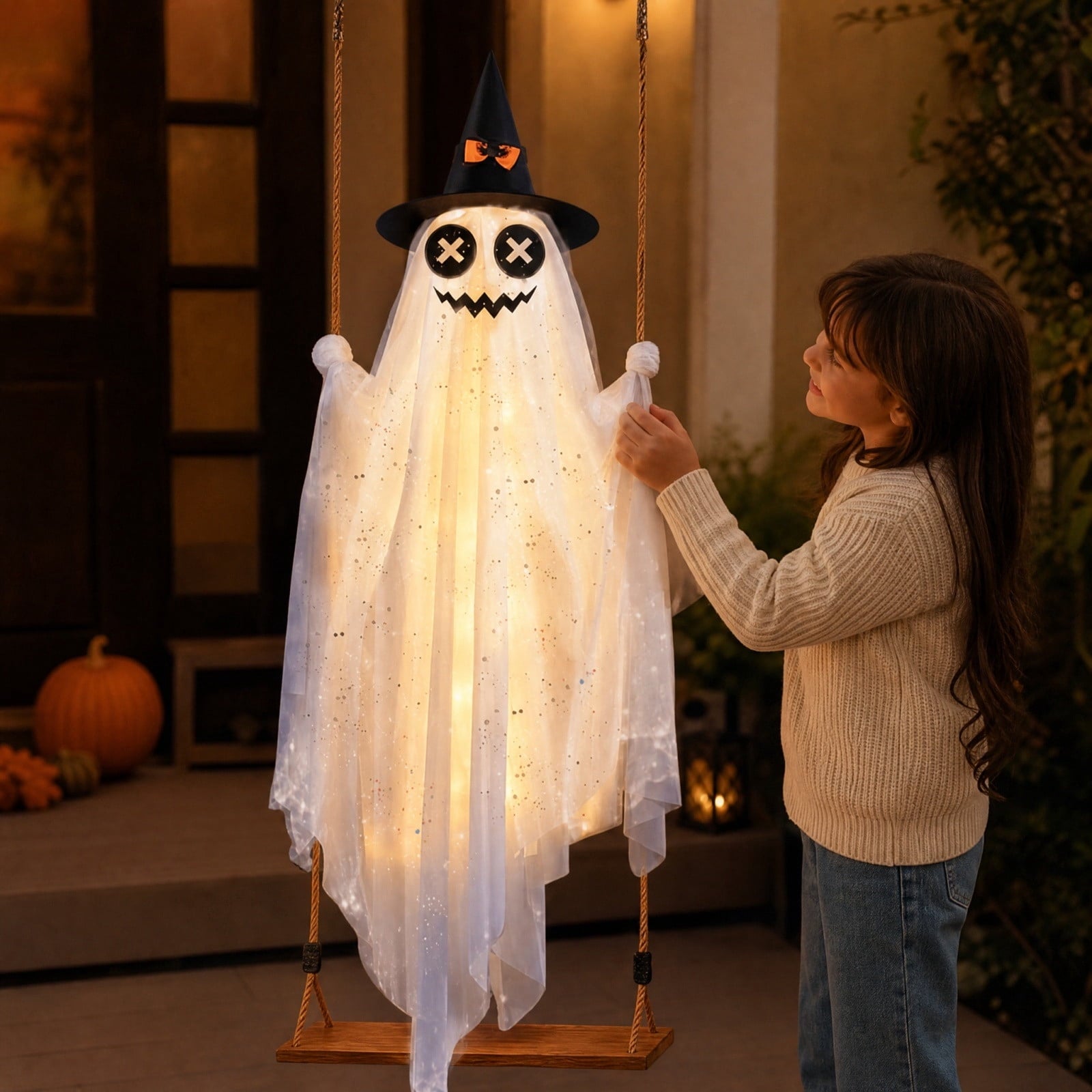 Spooksy™ Halloween Witch Hat Swinging Ghost Ornament, Flexible Anti Deform Structure Quick Mount Soft Cute Appearance, Fabric Ghost Pendant, Hanging Decor for Porch Indoor Holiday Party Space