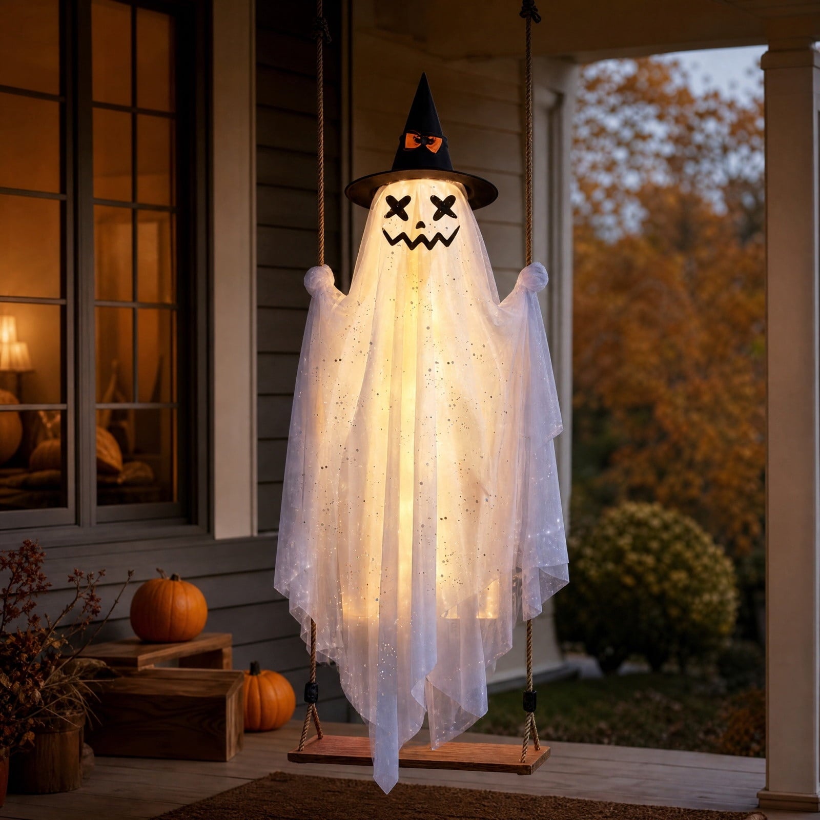 Spooksy™ Halloween Witch Hat Swinging Ghost Ornament, Flexible Anti Deform Structure Quick Mount Soft Cute Appearance, Fabric Ghost Pendant, Hanging Decor for Porch Indoor Holiday Party Space