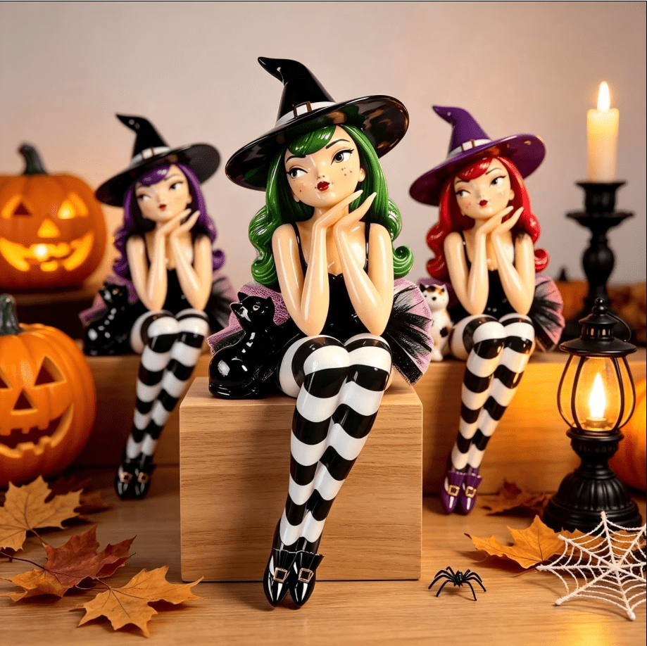 Spooksy™ Halloween Witch Shelf Sitter Figurine Set,3 Pc Gothic Witch Girl Statue With Cat Companion,Witchy Home Decor,Cute Spooky Edge Sitting Witch Decor,Whimsical Tabletop Ornament For Mantel Shelf Office