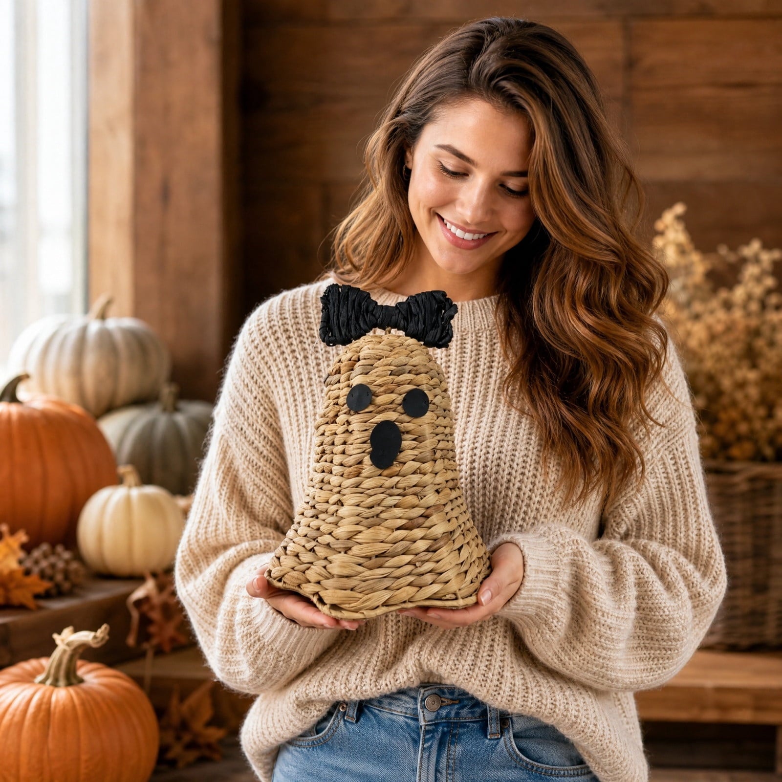 Spooksy™ Halloween Woven Ghost Figurine Water Hyacinth Straw Ornament Black Bow Tabletop Decor Cute Spooky Holiday Decoration For Mantel Shelf Home Cottage Fall Gift