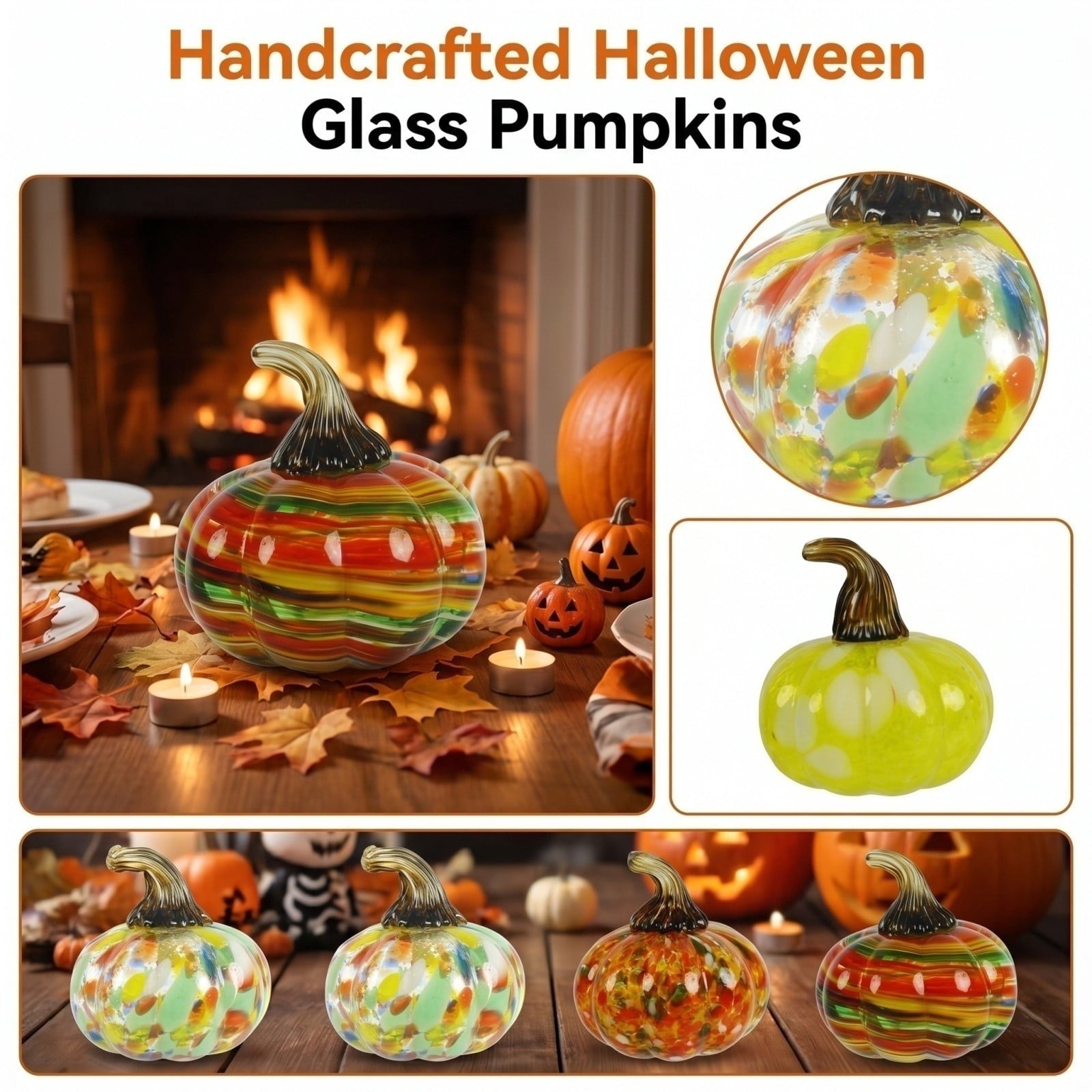 Spooksy™ Hand Blown Glass Pumpkin Figurines Halloween Decorations - Colorful Halloween Pumpkin Ornaments with Unique Swirl Patterns, Festive Tabletop & Tree Hanging Decoration