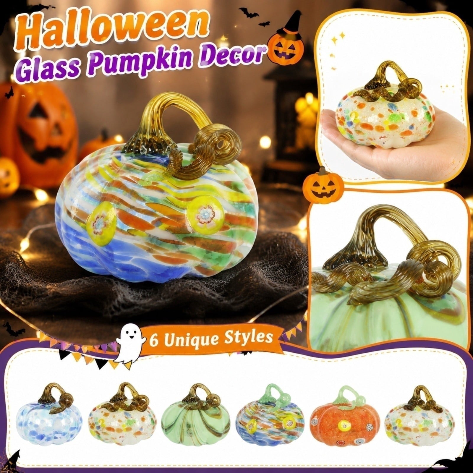 Spooksy™ Hand Blown Glass Pumpkin Figurines Halloween Decorations - Colorful Halloween Pumpkin Ornaments with Unique Swirl Patterns, Festive Tabletop & Tree Hanging Decoration