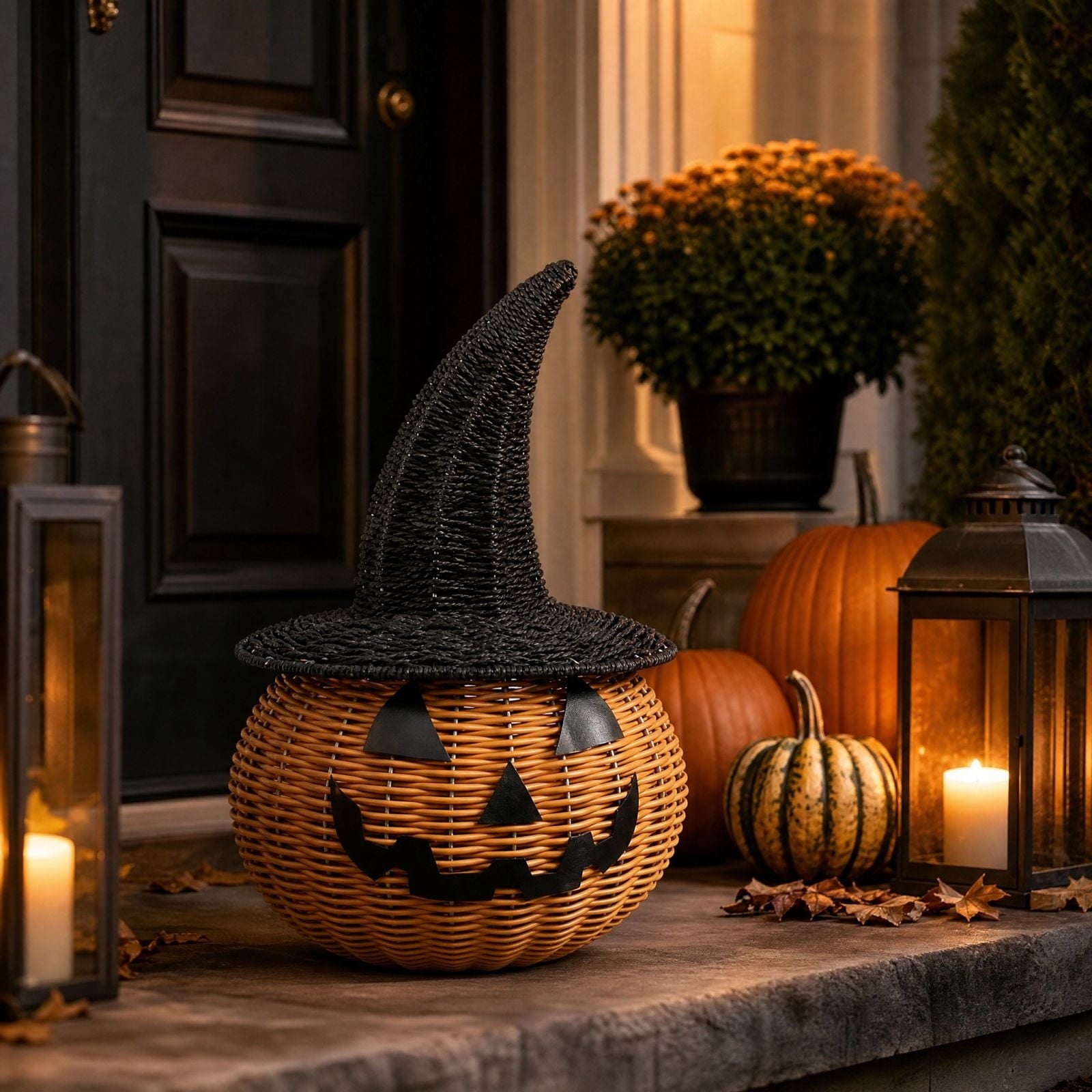Spooksy™ Hand-Woven Pumpkin Witch Hat Halloween Decor, Natural Textured Freestanding Ornament, Weather Resistant Multipurpose Holiday Accessory, Seasonal Display for Front Door Porch Tabletop Entryway