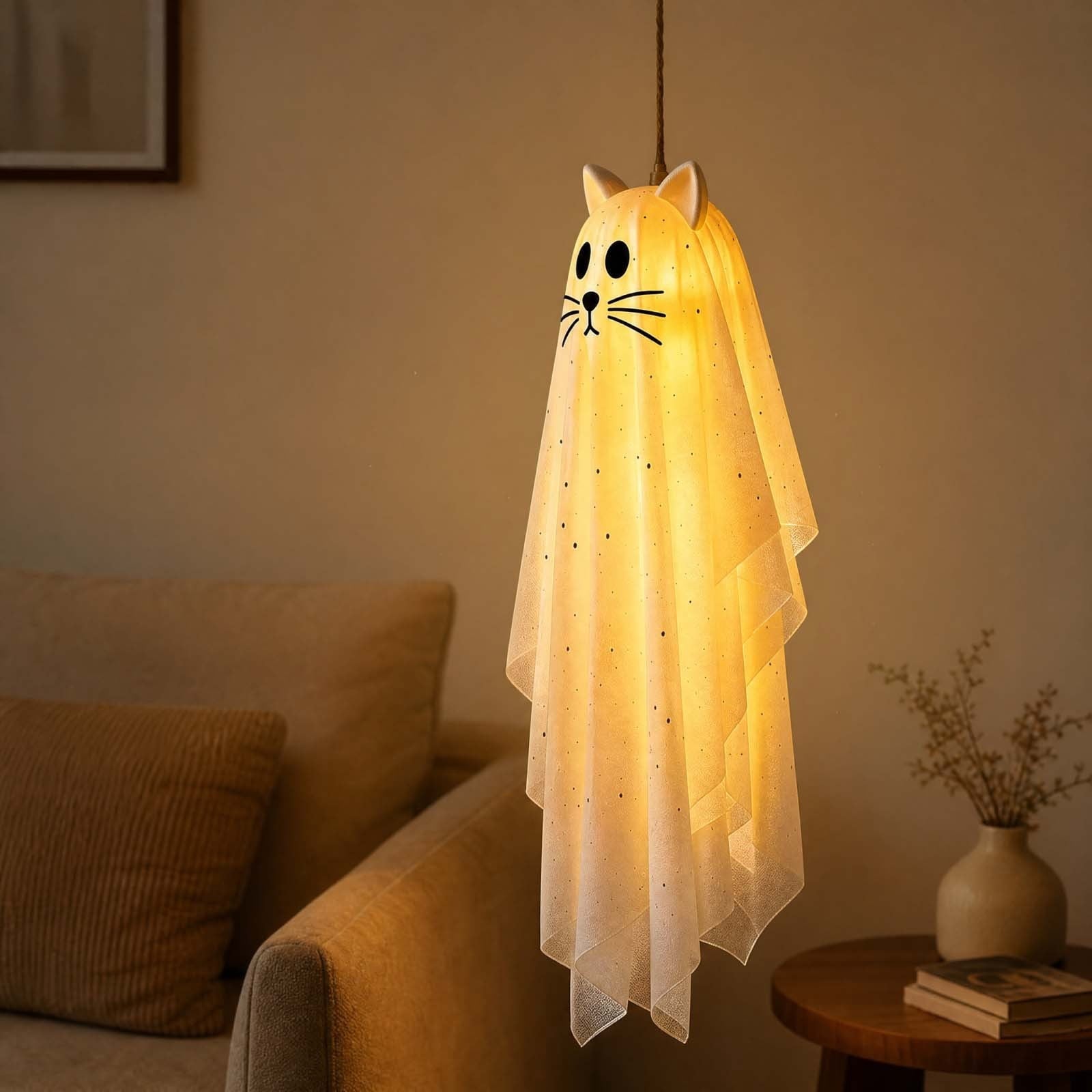 Spooksy™ Hanging Ghost Decorations, 3 Pack Light Up Cat Ghost Ornaments with Warm LED Lights Glitter Fabric Floating Design, Cute Spooky Halloween Decor for Porch Tree Yard Indoor Outdoor