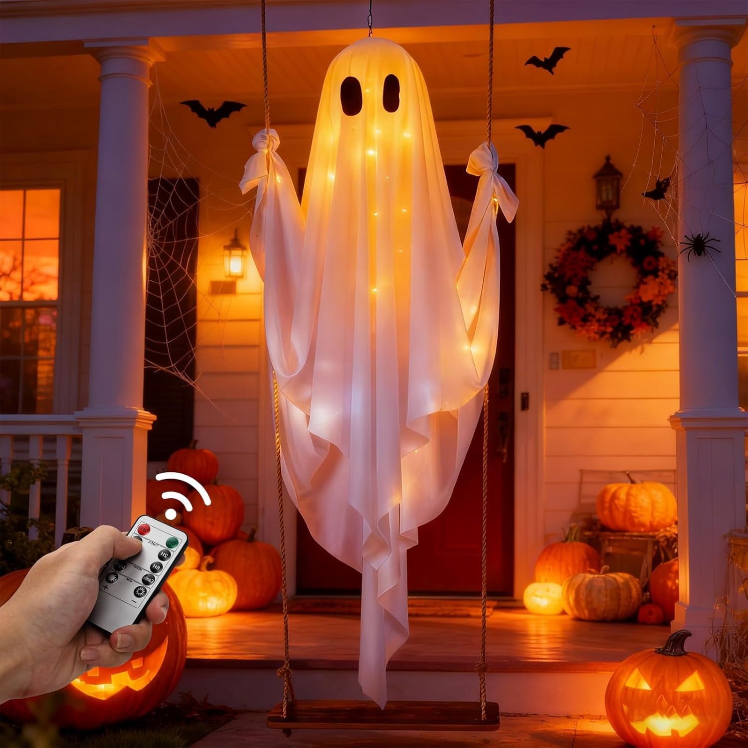 Spooksy™ Hanging Swing Ghost Halloween Ornament, 5FT Cute Spooky Ghost Decor, Outdoor Holiday Decoration for Yard Porch Tree, Ideal Halloween Gift for Family (lamp*1 remote control*1)