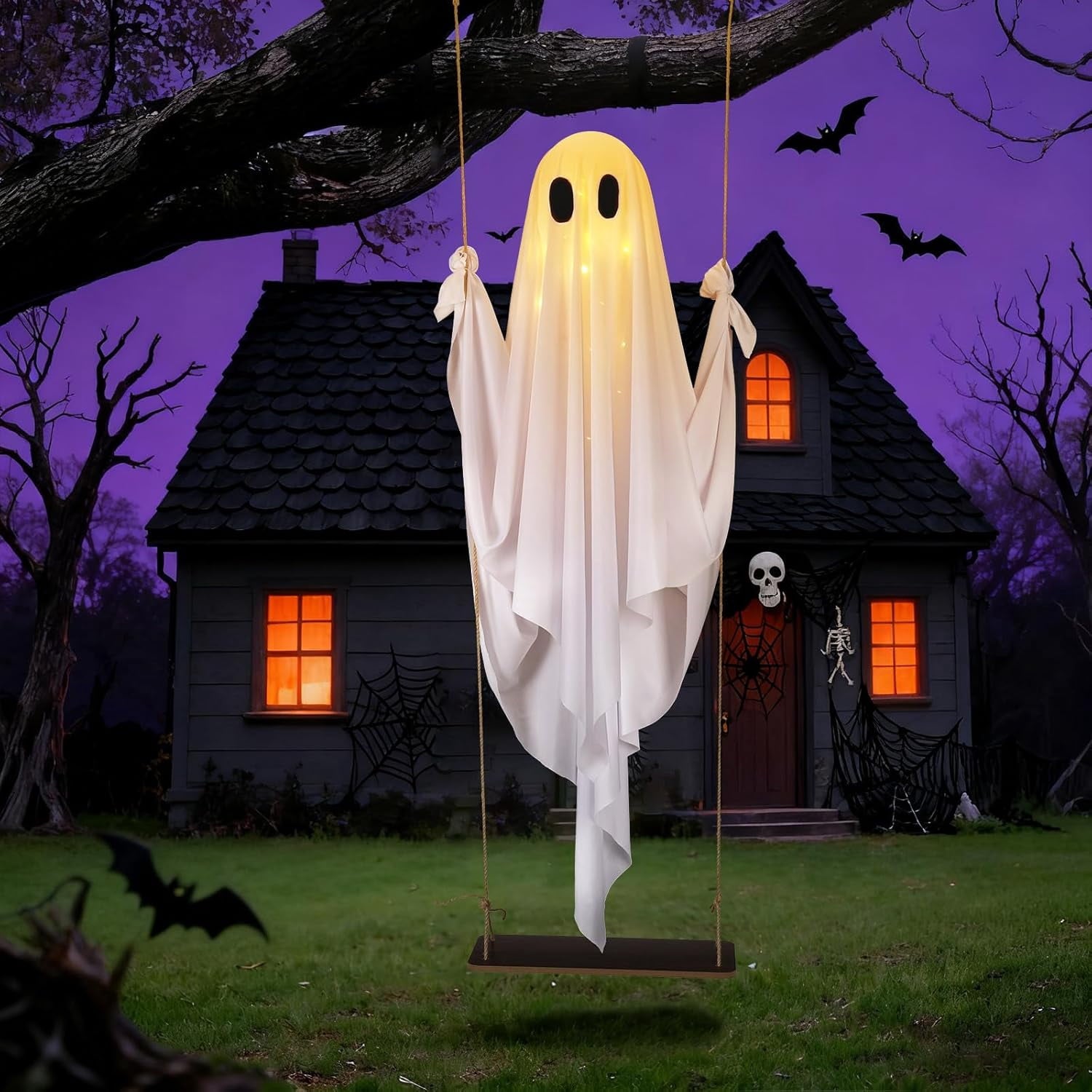 Spooksy™ Hanging Swing Ghost Halloween Ornament, 5FT Cute Spooky Ghost Decor, Outdoor Holiday Decoration for Yard Porch Tree, Ideal Halloween Gift for Family (lamp*1 remote control*1)