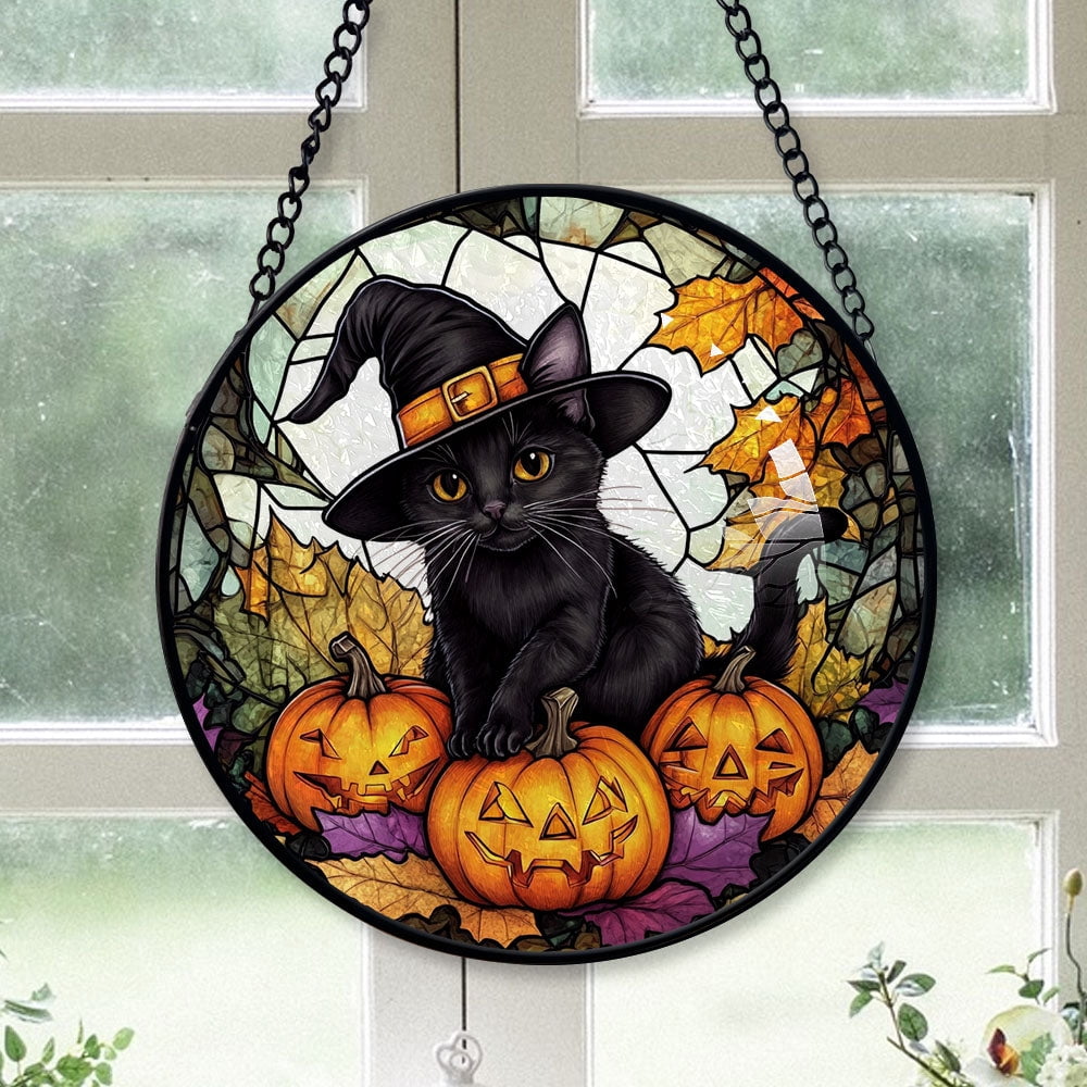 Spooksy™ Hobby Christmas Gift - Black Cat Halloween Whimsical Goth Christmas Stained Glass Hanging Ornament - Modern Tree Decor, Christmas Gift for Mom, Dad, Friends, Family