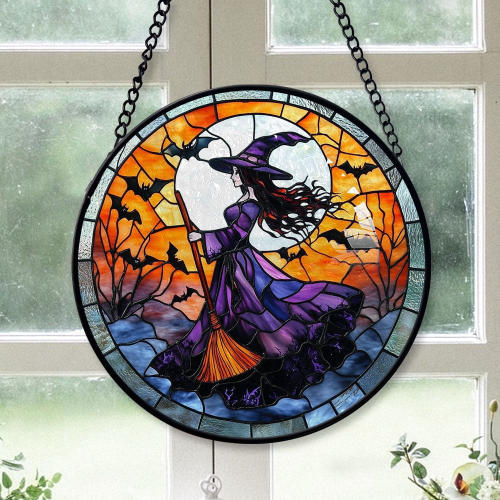 Spooksy™ Holiday Gift - Witch Halloween Witchyations Spooky Xmas Stained Glass Hanging Ornament - Festive Holiday Tree Decoration, Meaningful Christmas Gift for Mom, Dad, Family, Friends