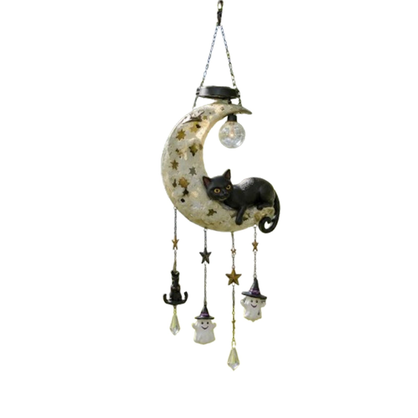 Spooksy™ Homellea Crescent Moon Black Cat Solar Hanging Light, Halloween Resin Ornament with Ghost, Star and Crystal Look Drops for Tree, Porch, Patio, Garden, Balcony and Seasonal Outdoor Display