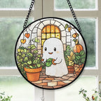 Spooksy™ Inspirational Christmas Gift - Cute Ghost Reading Book Halloween Ghost Fall Hosting Stained Glass Hanging Ornament - Sparkling Christmas Tree Decoration, Holiday Gift for Family & Friends