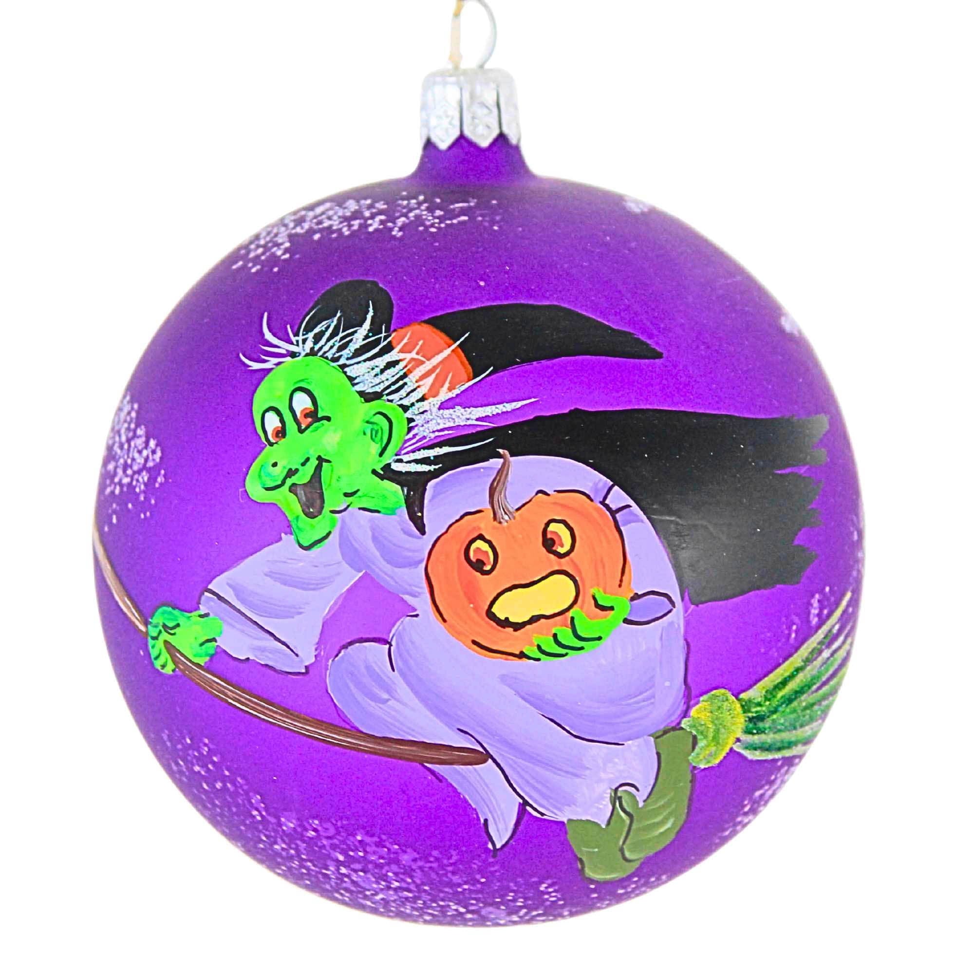 Spooksy™ Laved Italian Ornaments FLYING GREEN WITCH BALL Halloween Pumpkin Broom 936326