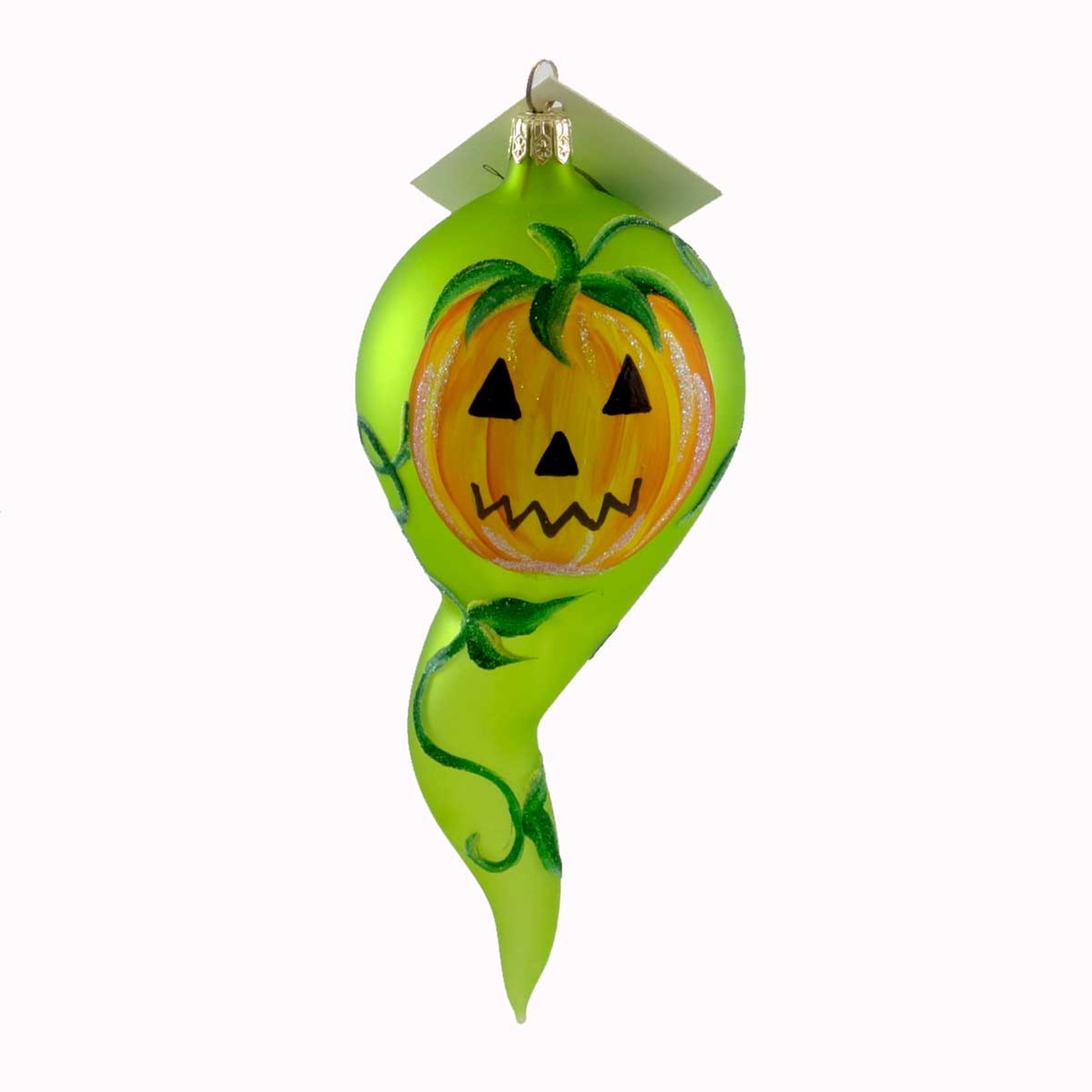 Spooksy™ Laved Italian Ornaments PUMPKIN GHOST WITH LEAVES Glass Halloween Carved