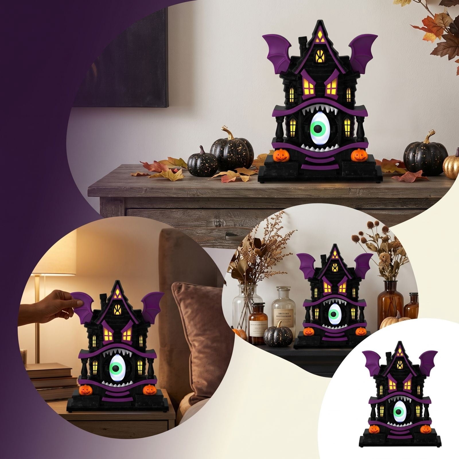 Spooksy™ Light Up Gothic Monster House Figurine, Built In Warm Internal Illumination Castle Decor, Anti Toppling Detailed Sculpted Desktop Ornament for Household Indoor Halloween Party Display