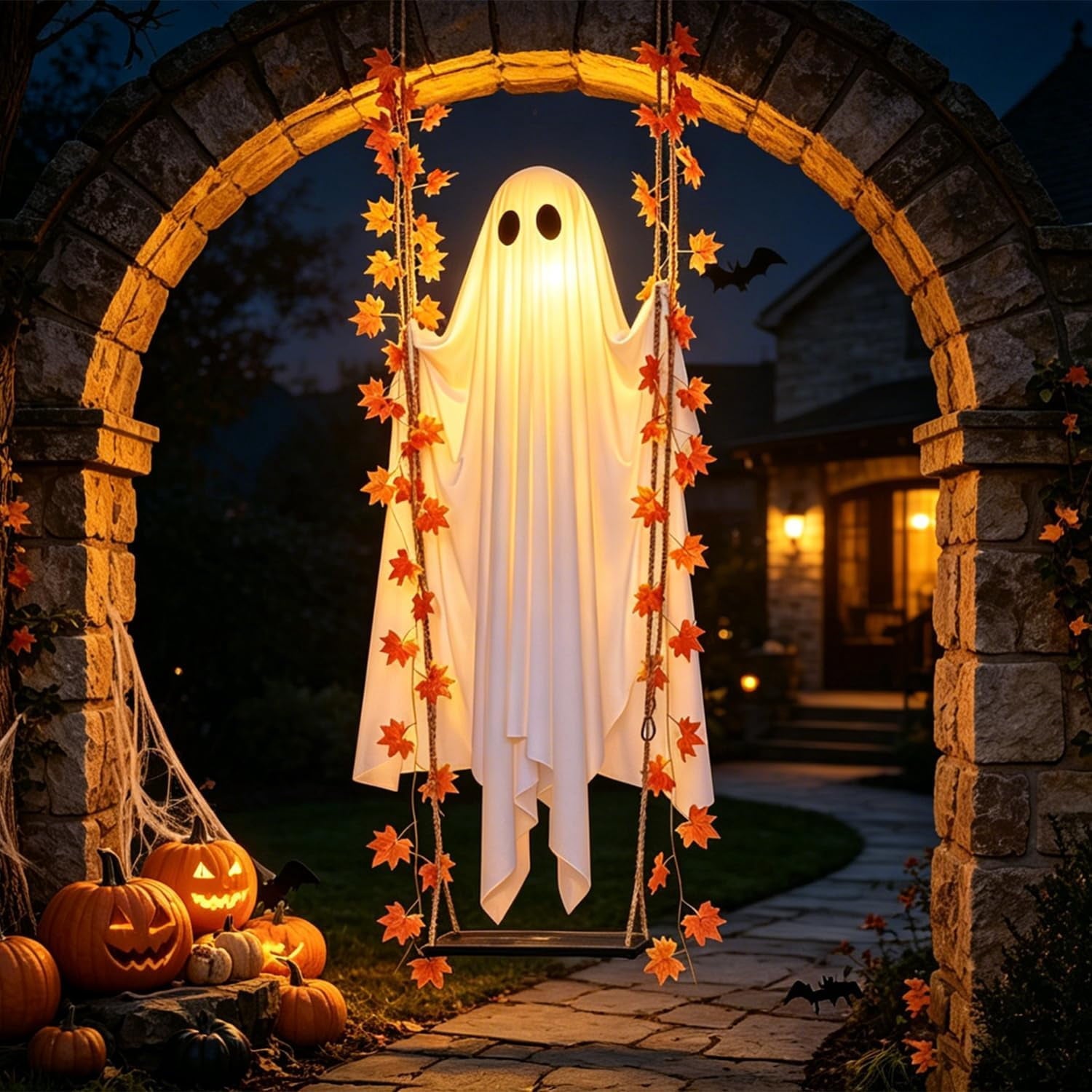 Spooksy™ Hanging Swing Ghost Halloween Ornament, 5FT Cute Spooky Ghost Decor, Outdoor Holiday Decoration for Yard Porch Tree, Ideal Halloween Gift for Family (lamp*1 remote control*1)
