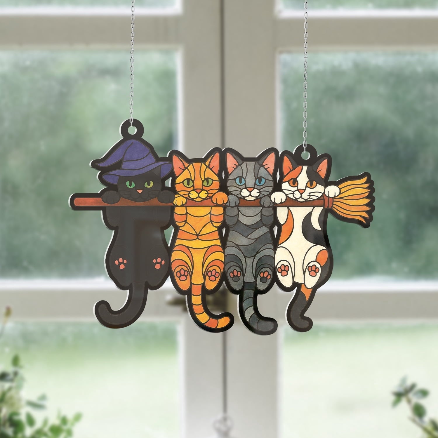 Spooksy™ Lotusprinthandmade Halloween Cat Witch Hat Broom Custom Shape Window Hanging Acrylic Ornament With Acrylic Charm