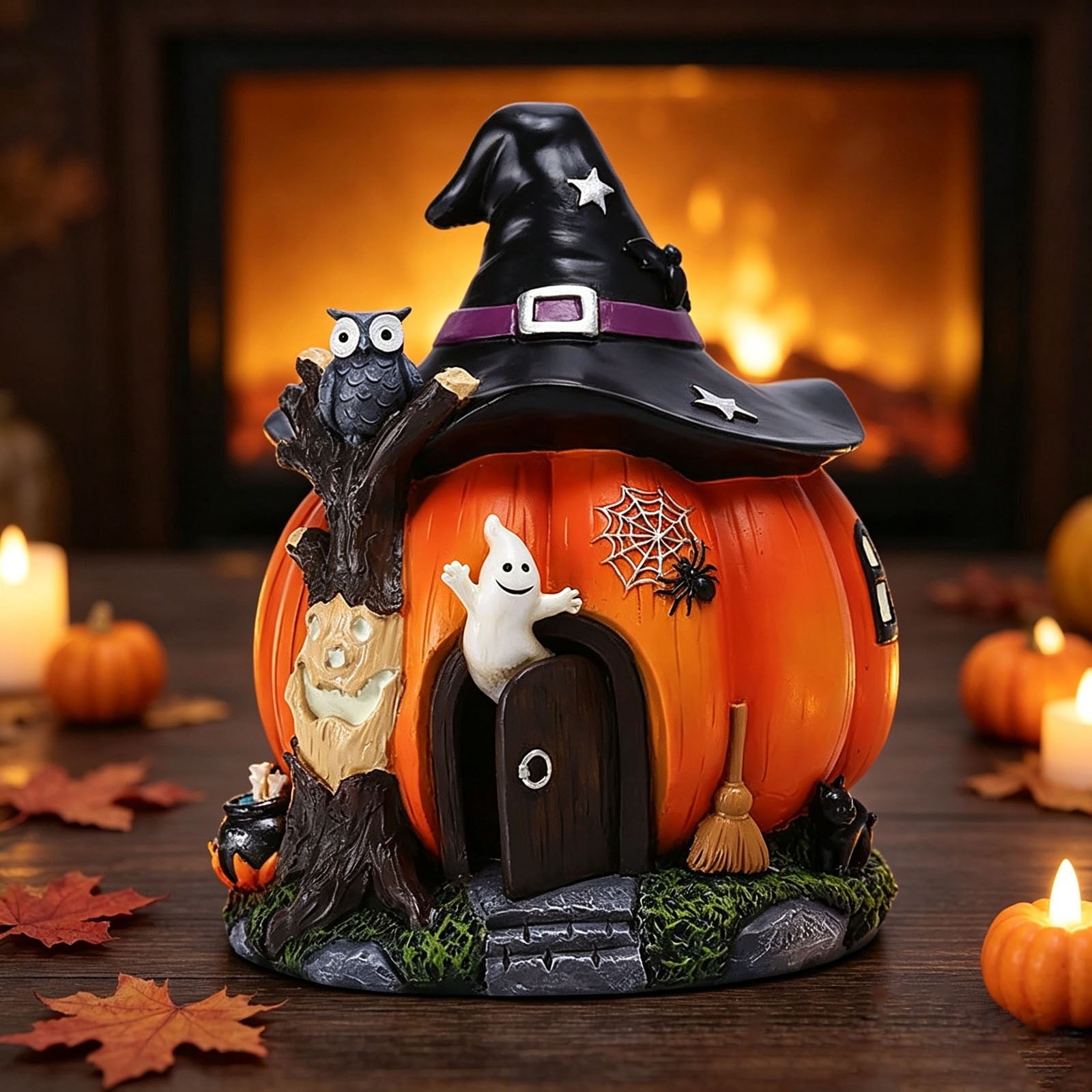 Spooksy™ Luminous Resin Witch Pumpkin House Figurine, Intricate Details Stable Resin Warm Built In Lighting, Festive Desktop Ornament, Craft for Living Room Porch Halloween Party Space
