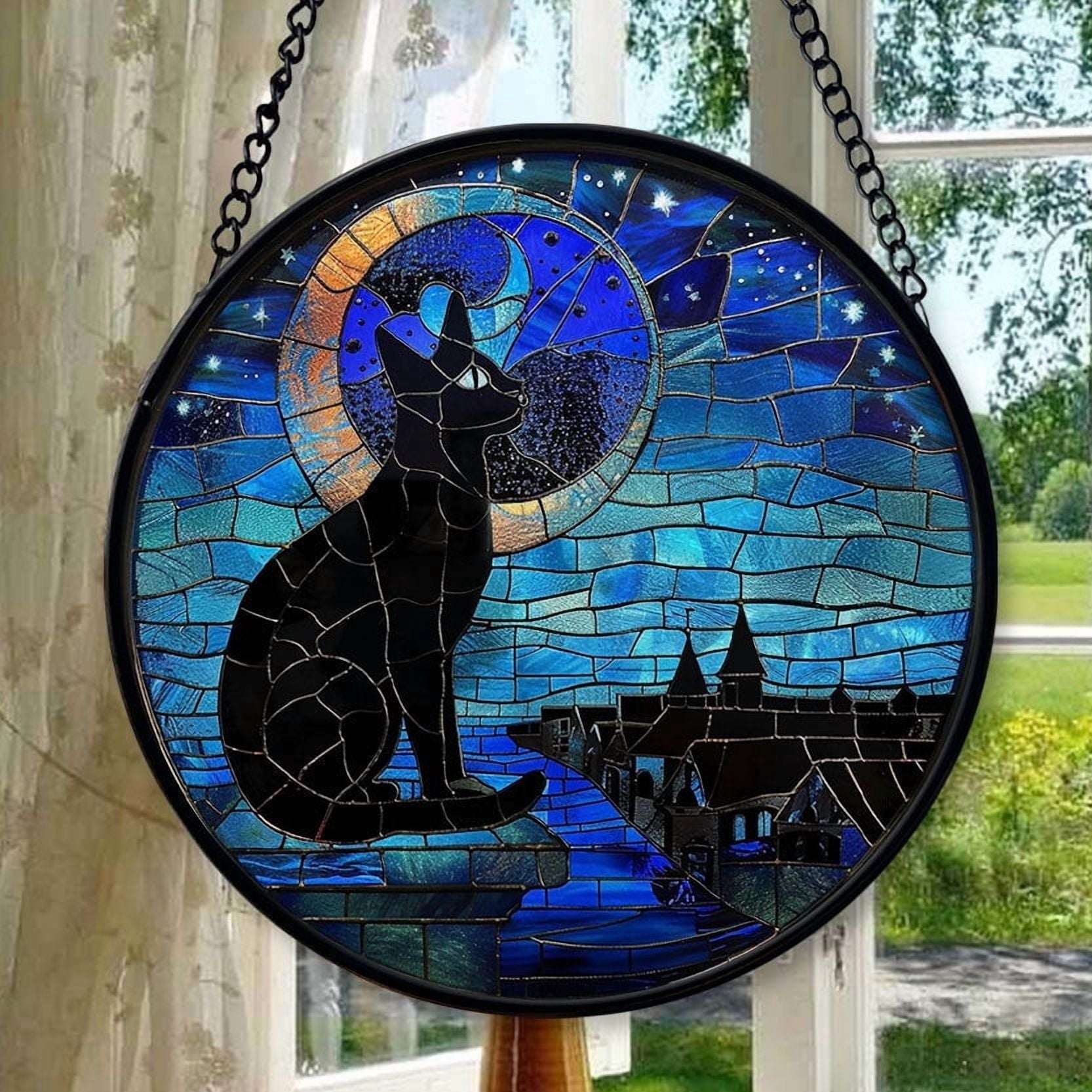 Spooksy™ Moon Black Cat Stained Glass Cat Sun Catcher, Wall Hanging Colored Decor Room Indoor Window Decor, Halloween, Christmas Hanging Ornament, Stained Glass Ornament 2025, Holiday