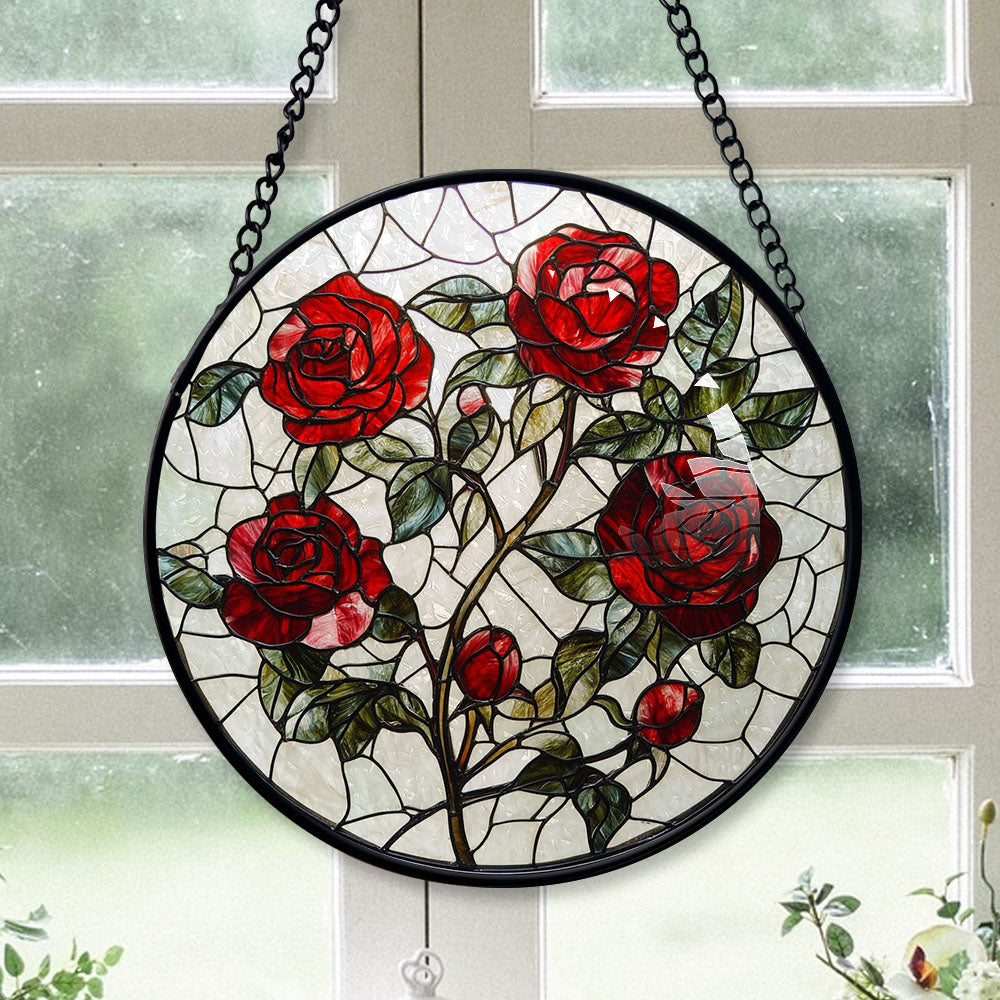 Spooksy™ Neighbor Christmas Gift - Valentine Rose Halloween Christmas Stained Glass Hanging Ornament - Red & Green Holiday Tree Decor, Gift for Friends, Family, Mom & Dad